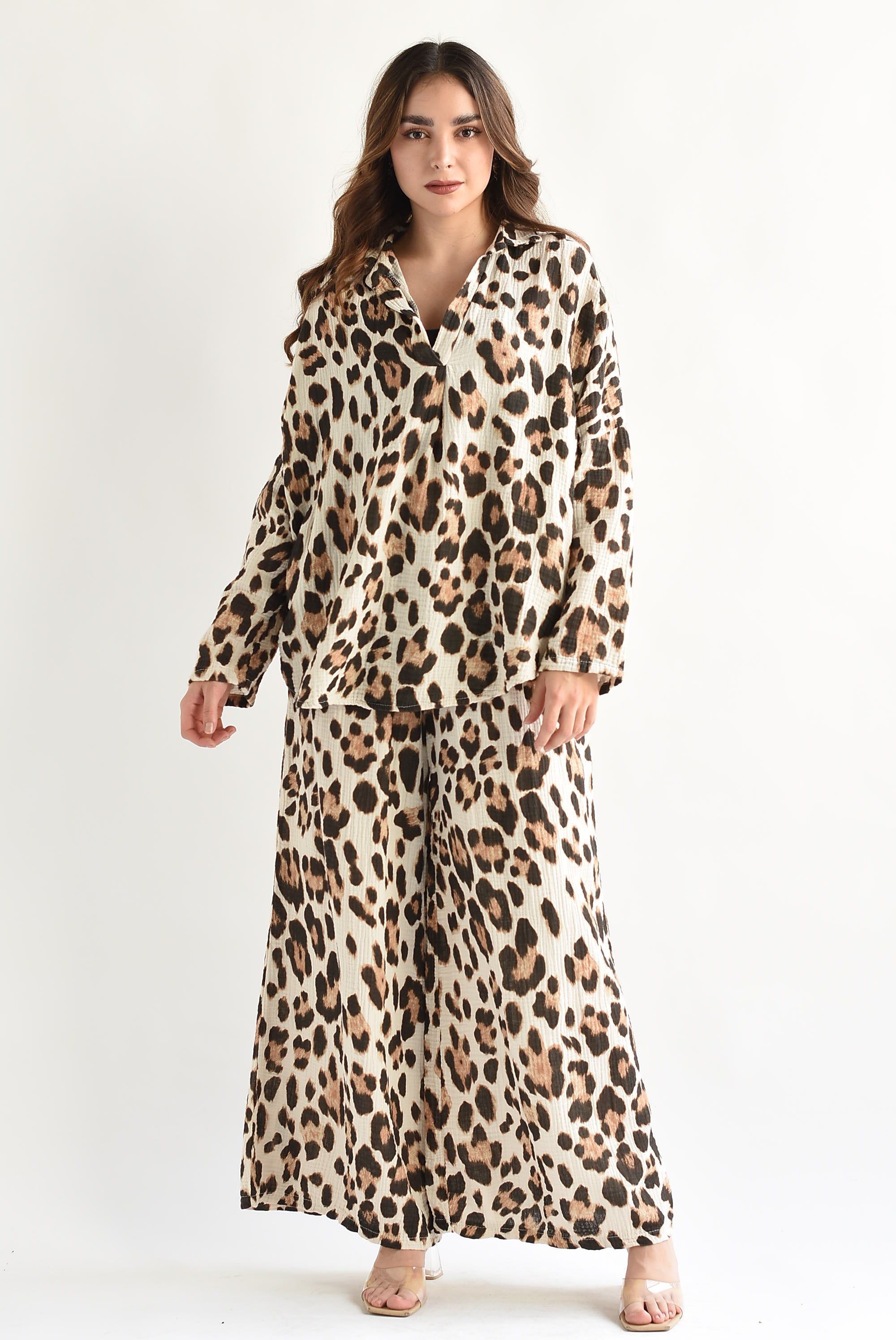 Set Pantalón y Blusa lino Leopardo