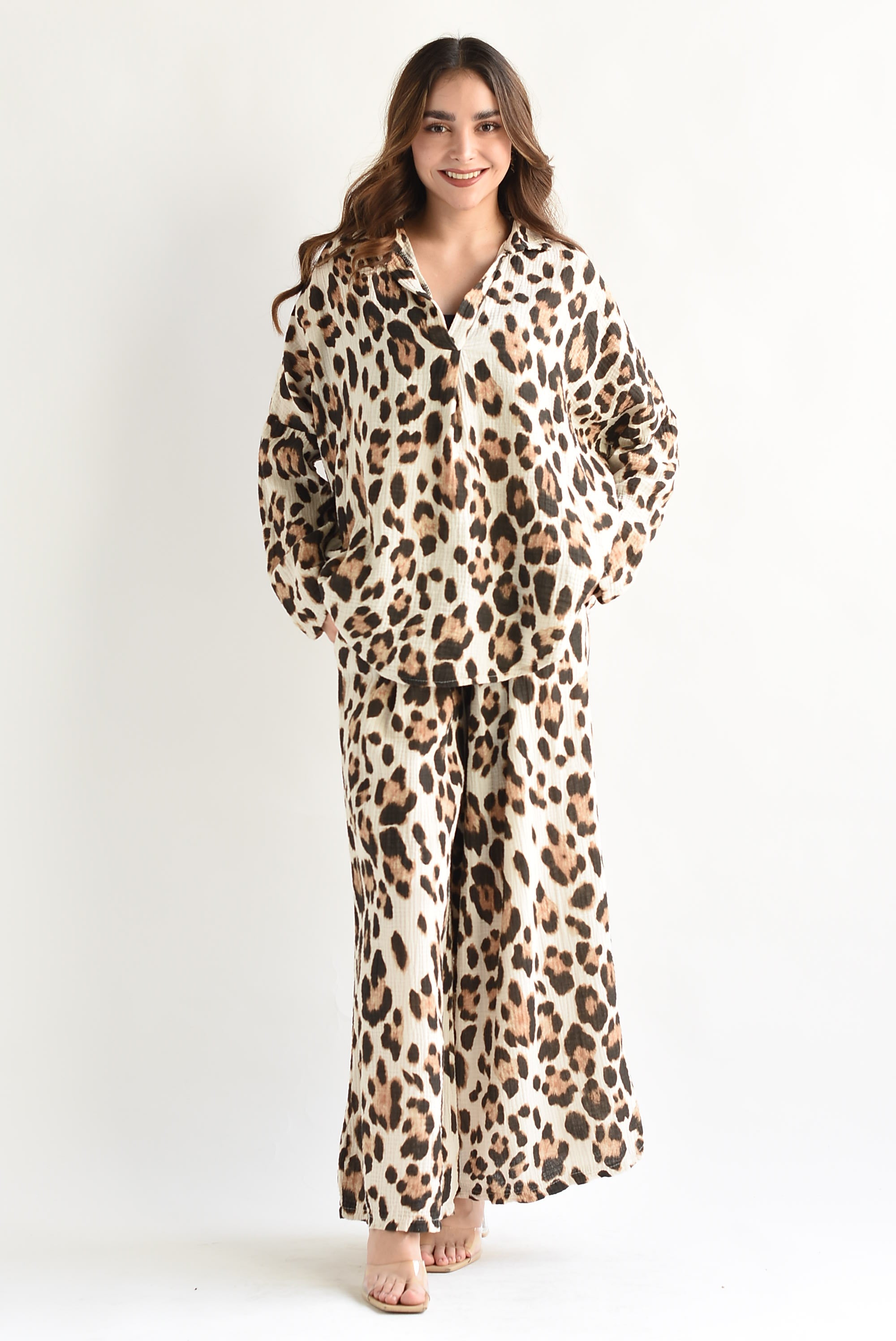 Set Pantalón y Blusa lino Leopardo