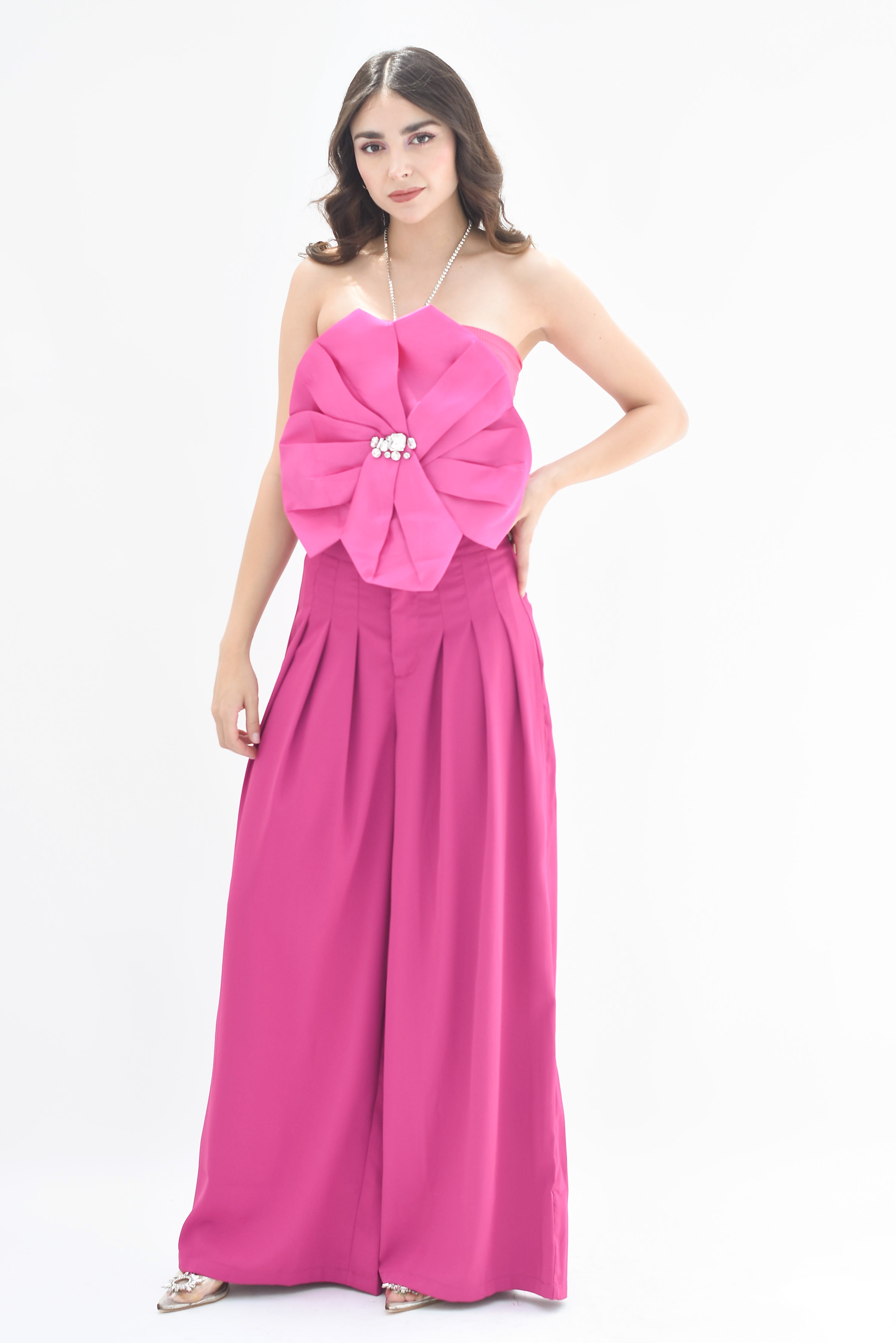 Pantalón pierna súper ancha pinzas Magenta