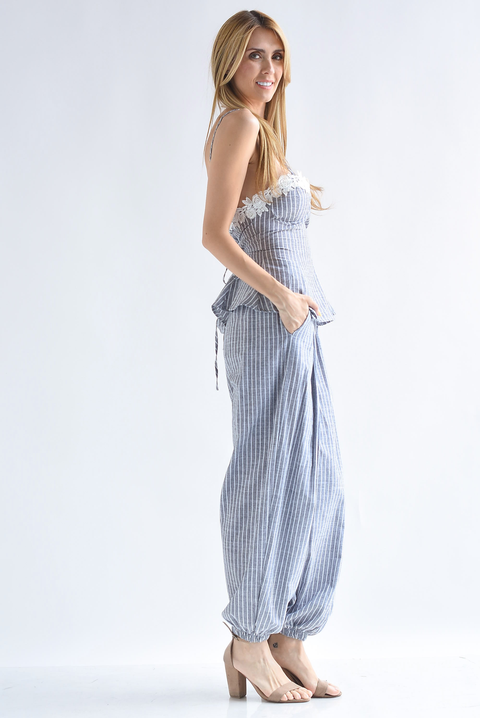 Set Pantalón y Blusa peplum encaje rayas