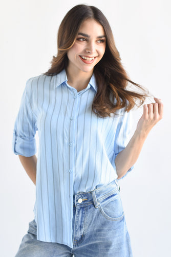Camisa rayas tipo lino Azul