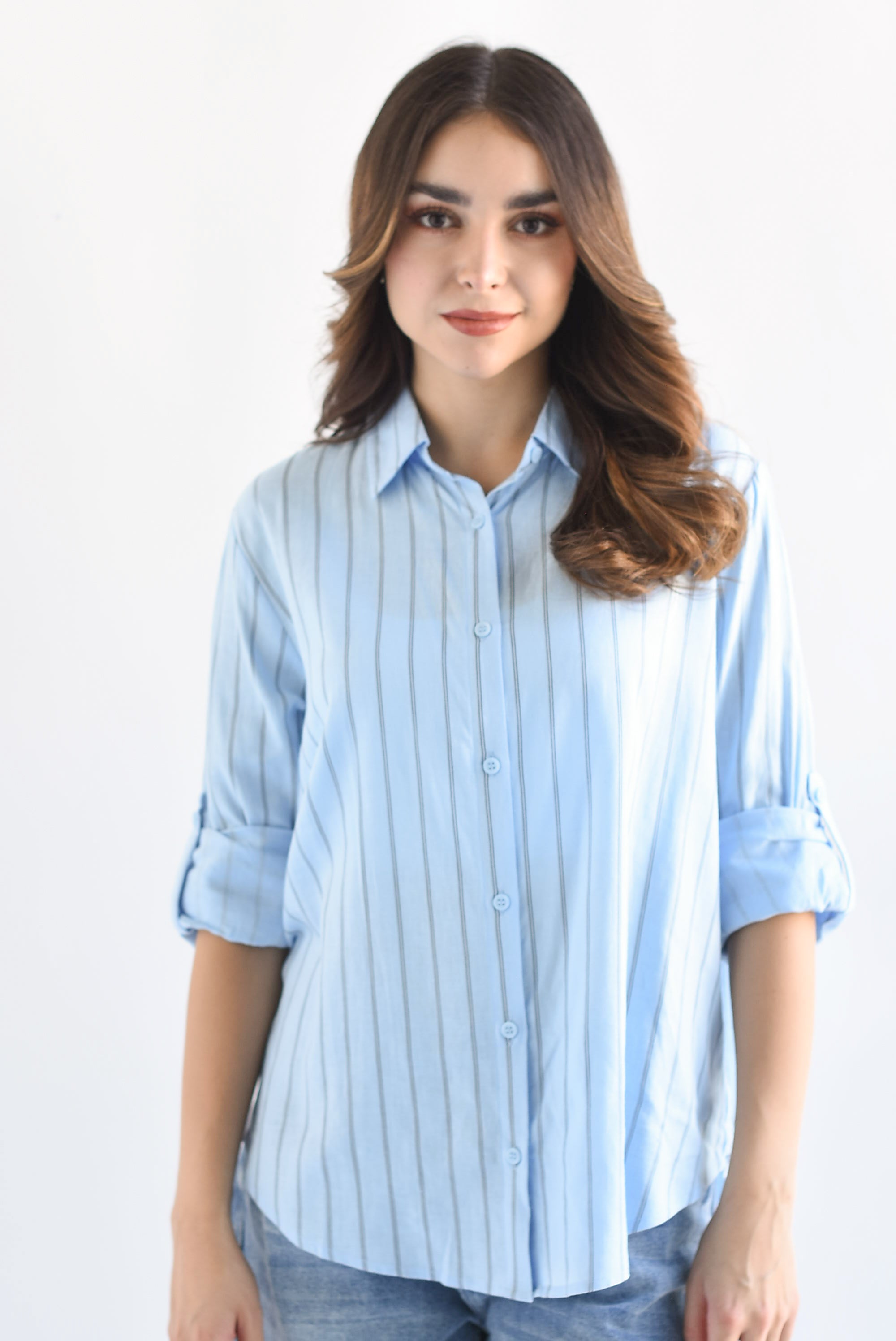 Camisa rayas tipo lino Azul