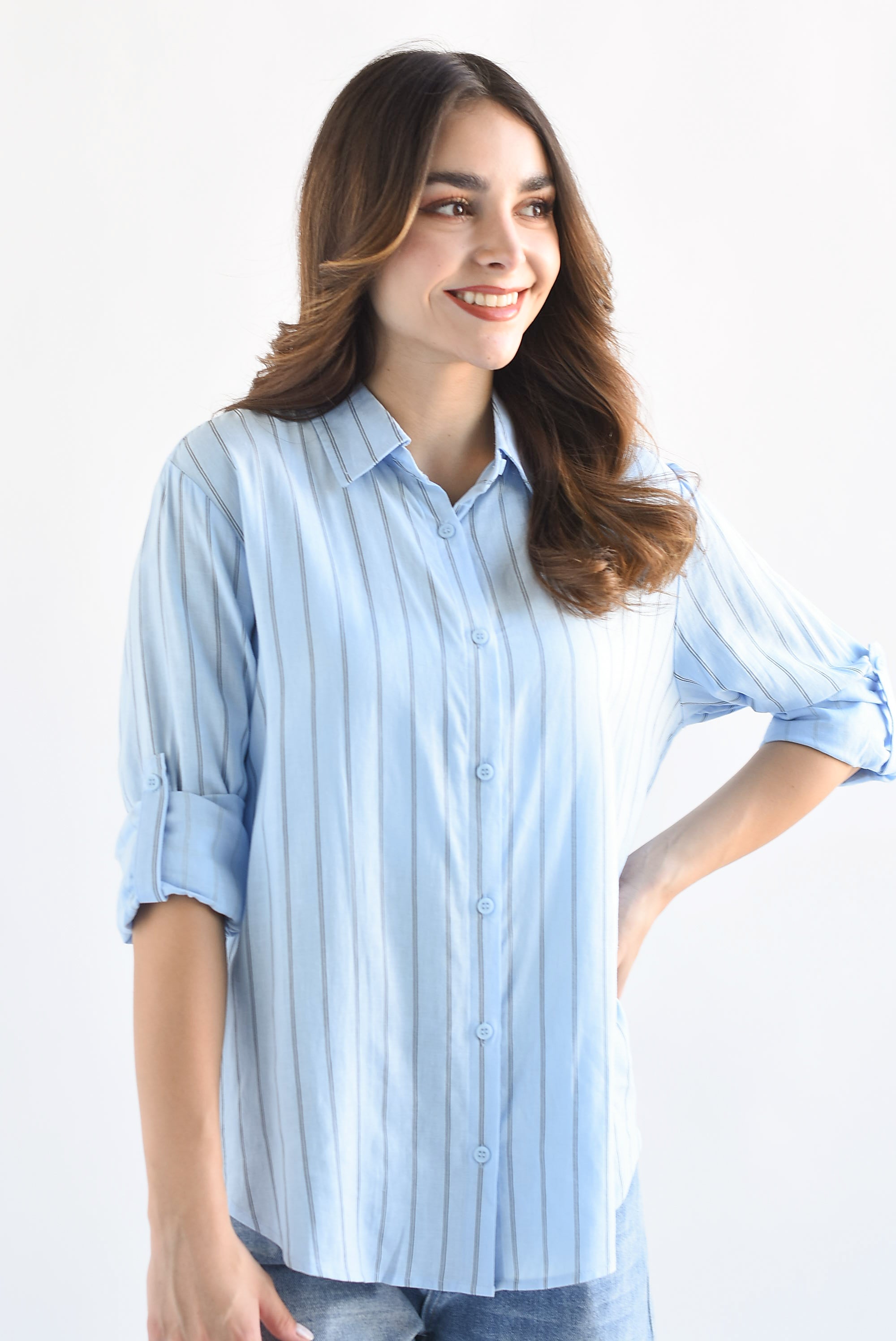 Camisa rayas tipo lino Azul