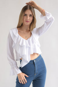 Fashion Styled Blusa corta manga larga olanes Blanco