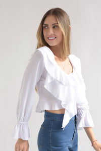 Fashion Styled Blusa corta manga larga olanes Blanco