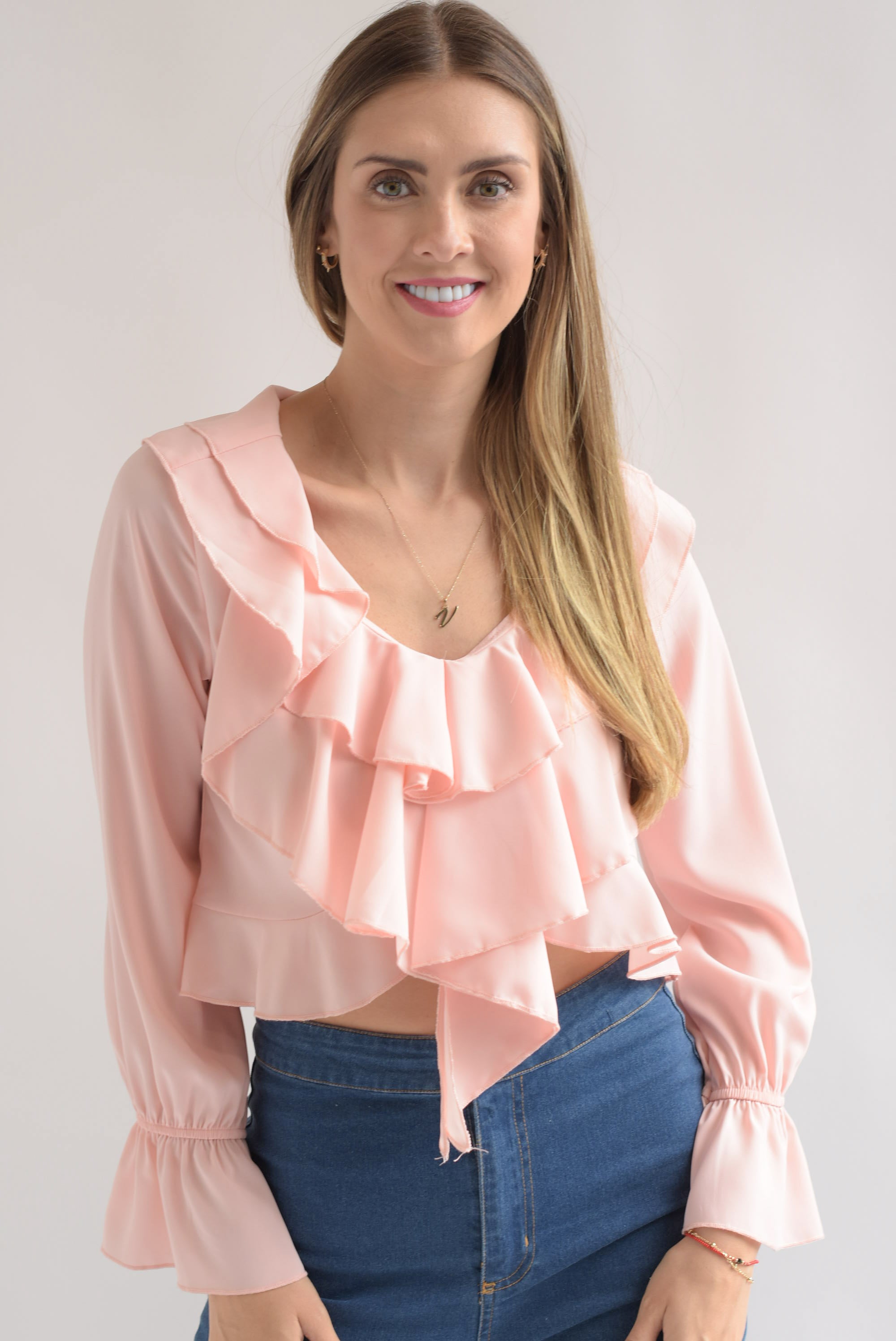Blusa corta manga larga olanes Rosa