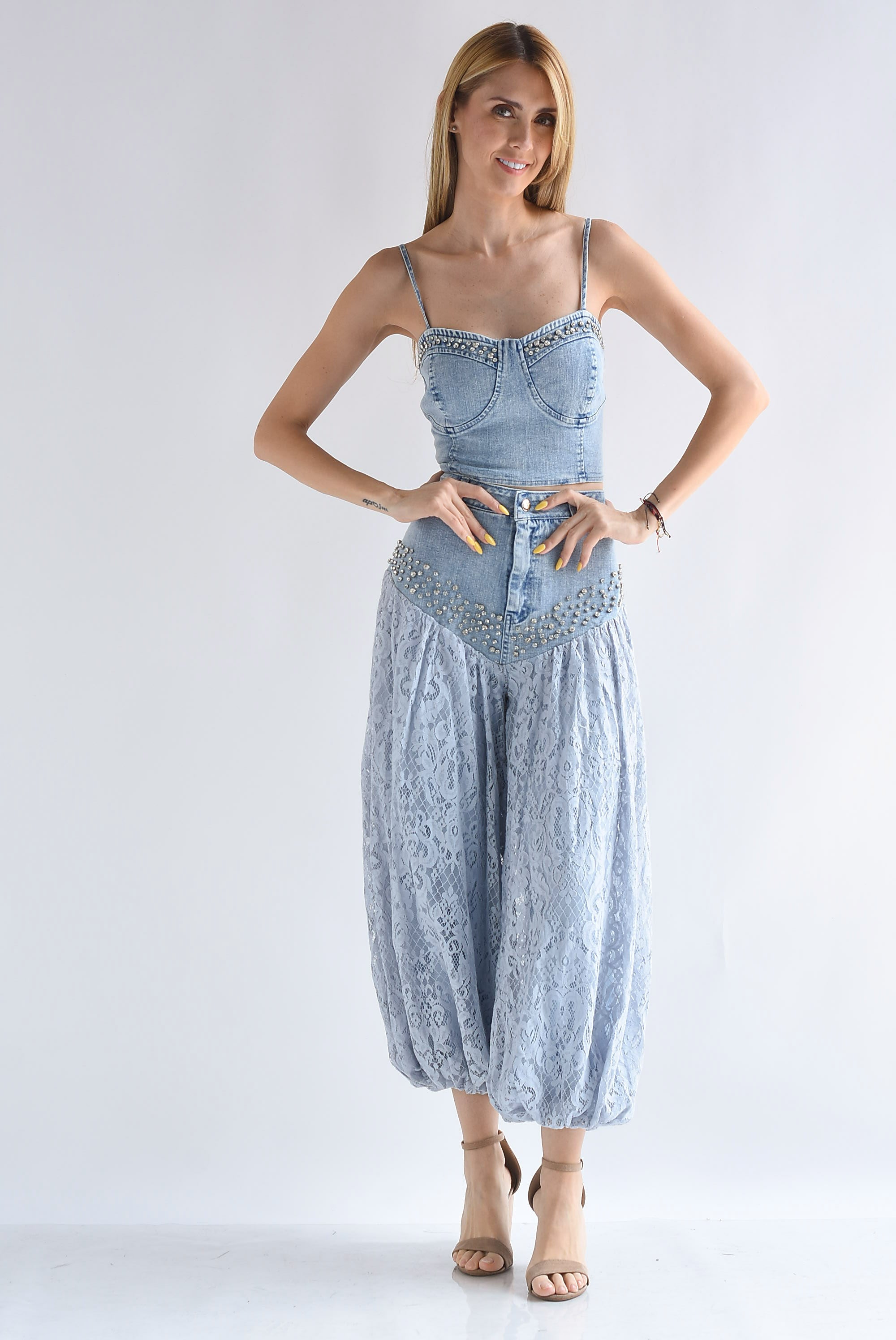 Set Pantalón globo encaje y Top Denim brillos