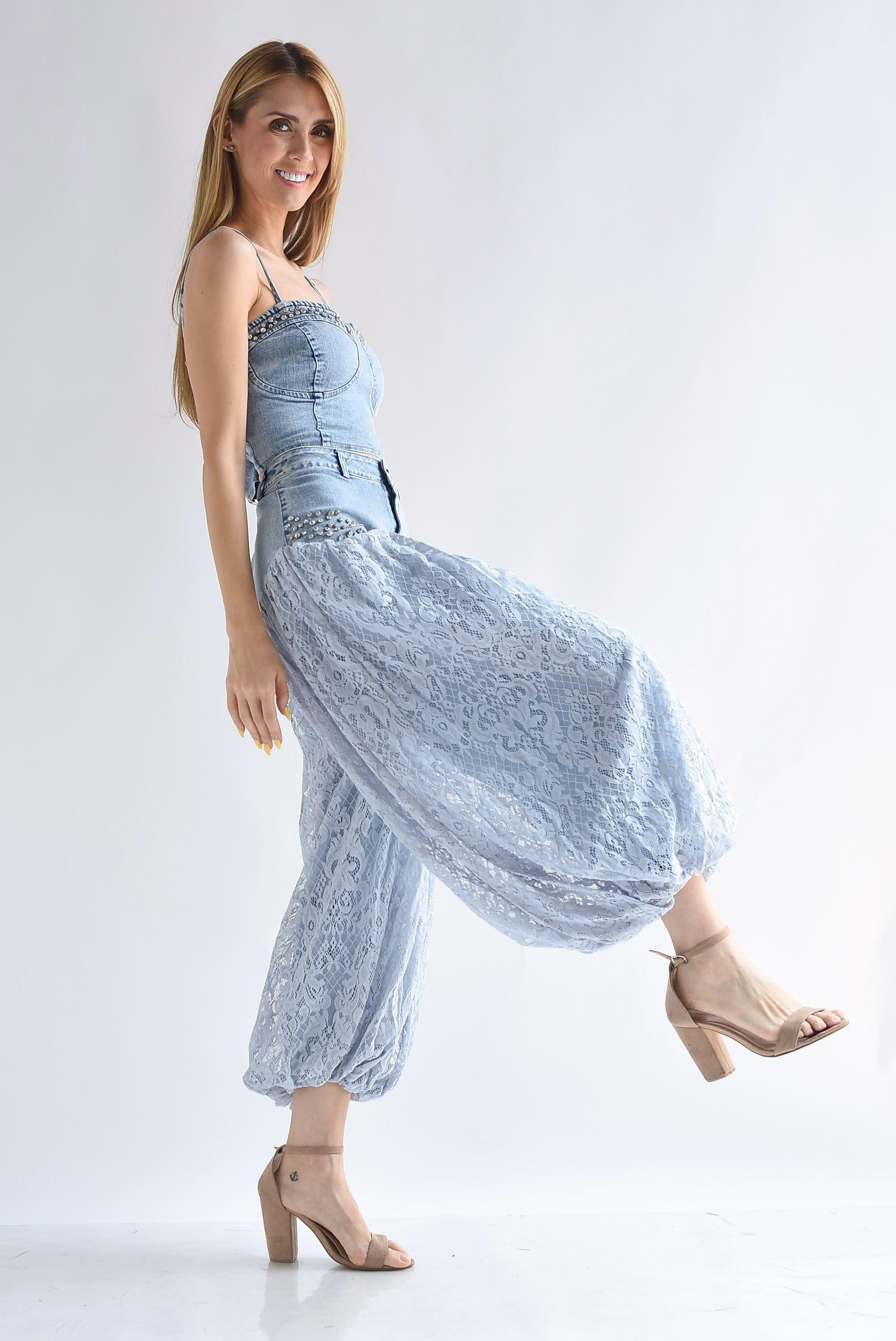 Set Pantalón globo encaje y Top Denim brillos