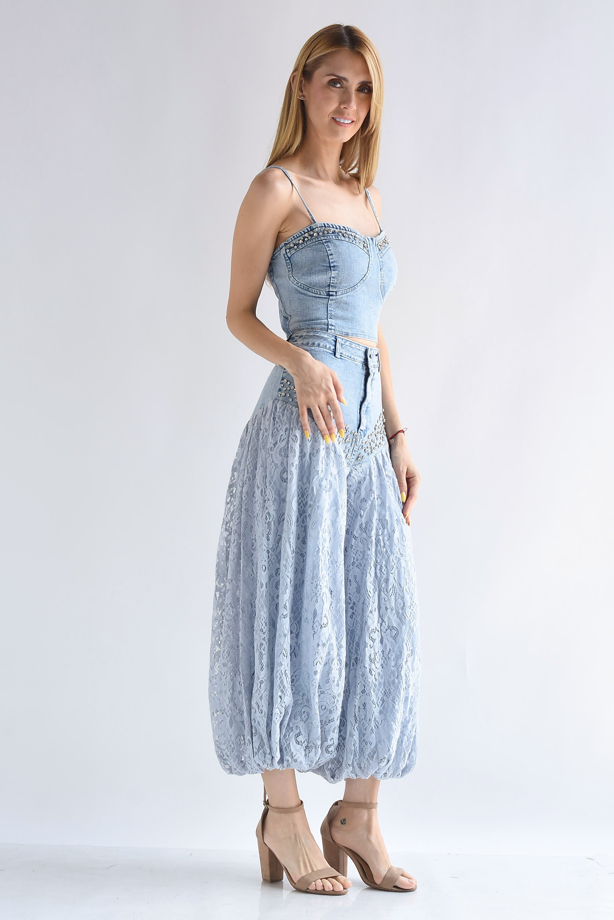 Set Pantalón globo encaje y Top Denim brillos