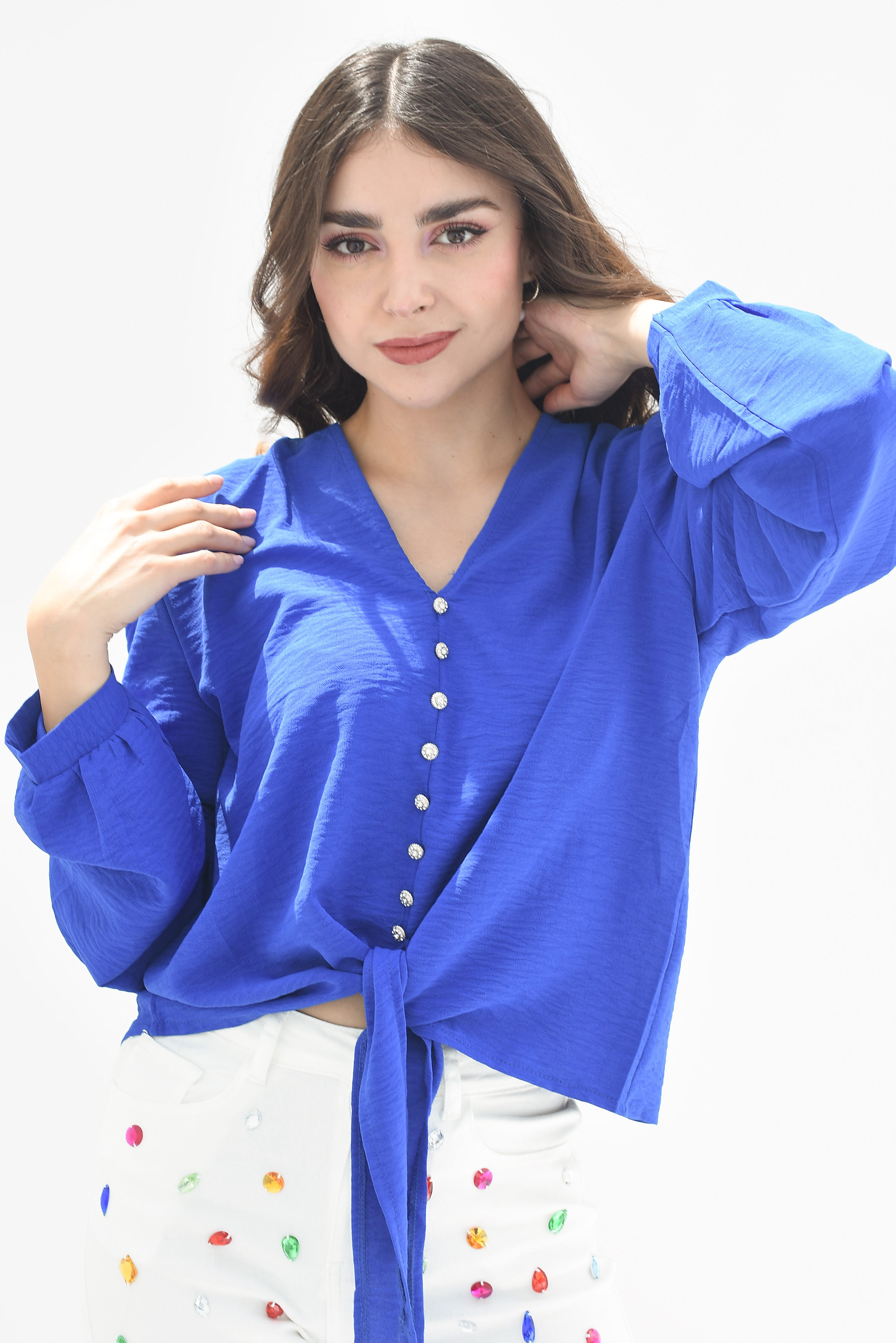 Blusa nudo botones joya Azul Rey
