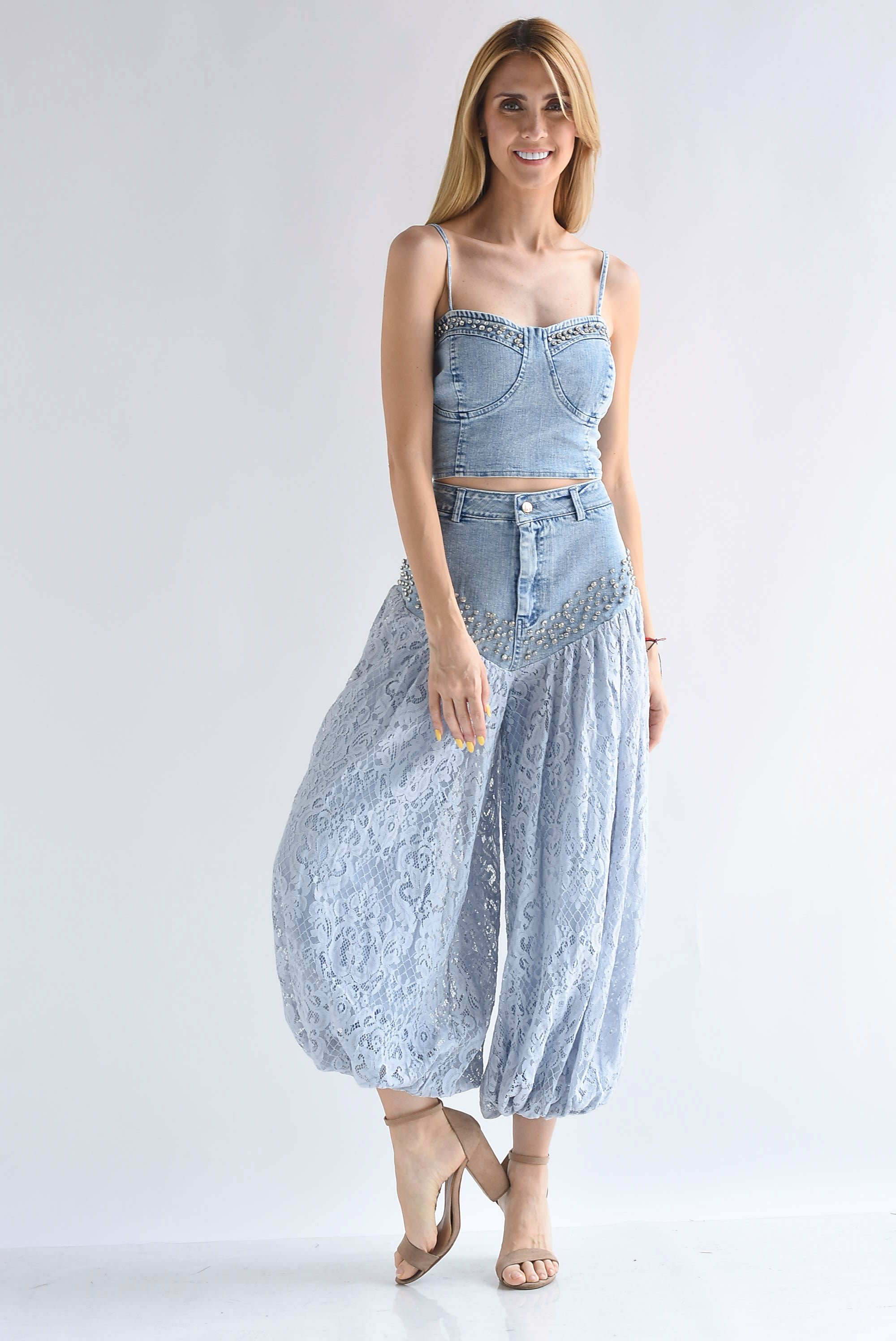 Set Pantalón globo encaje y Top Denim brillos