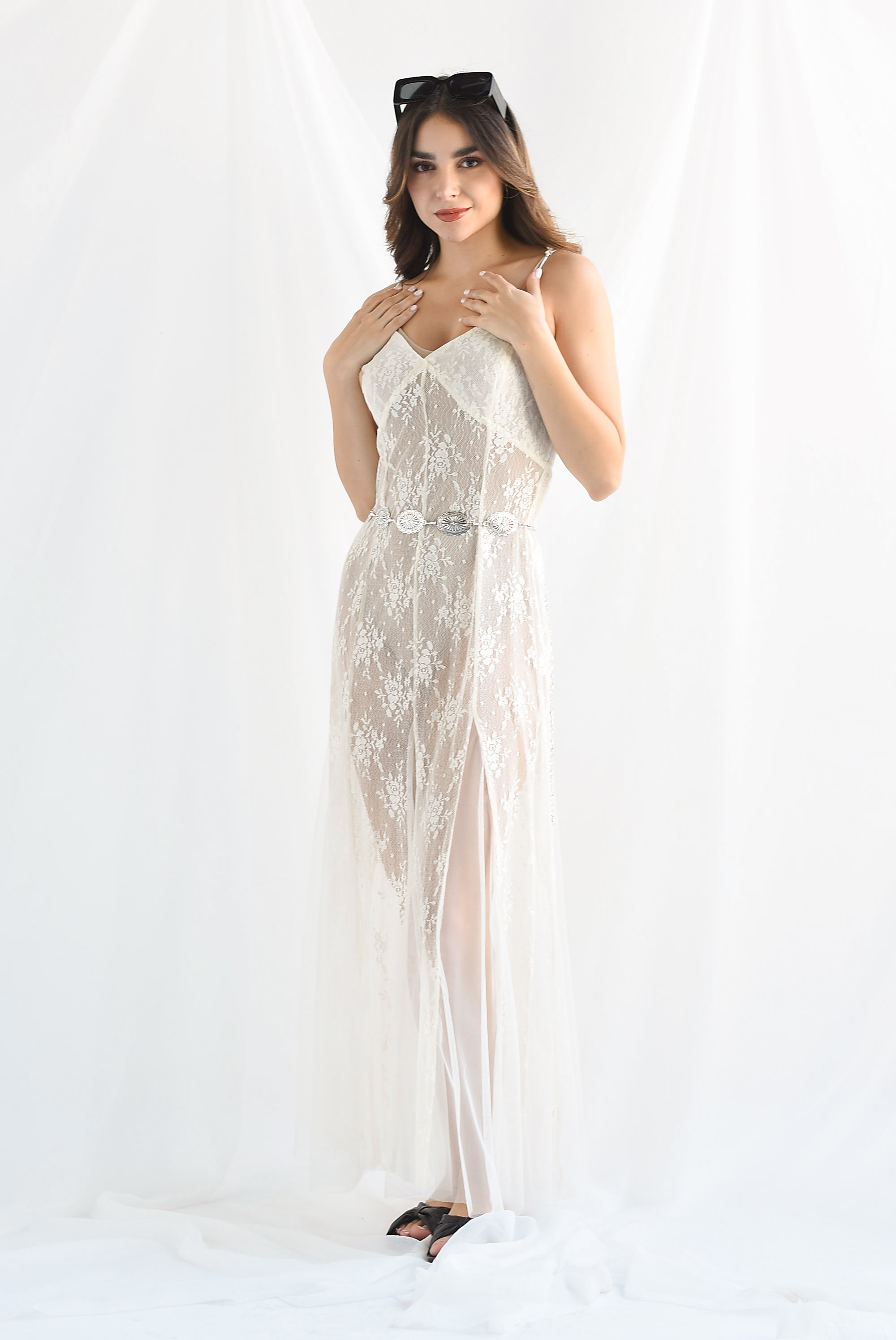 Vestido largo encaje tulle Ivory