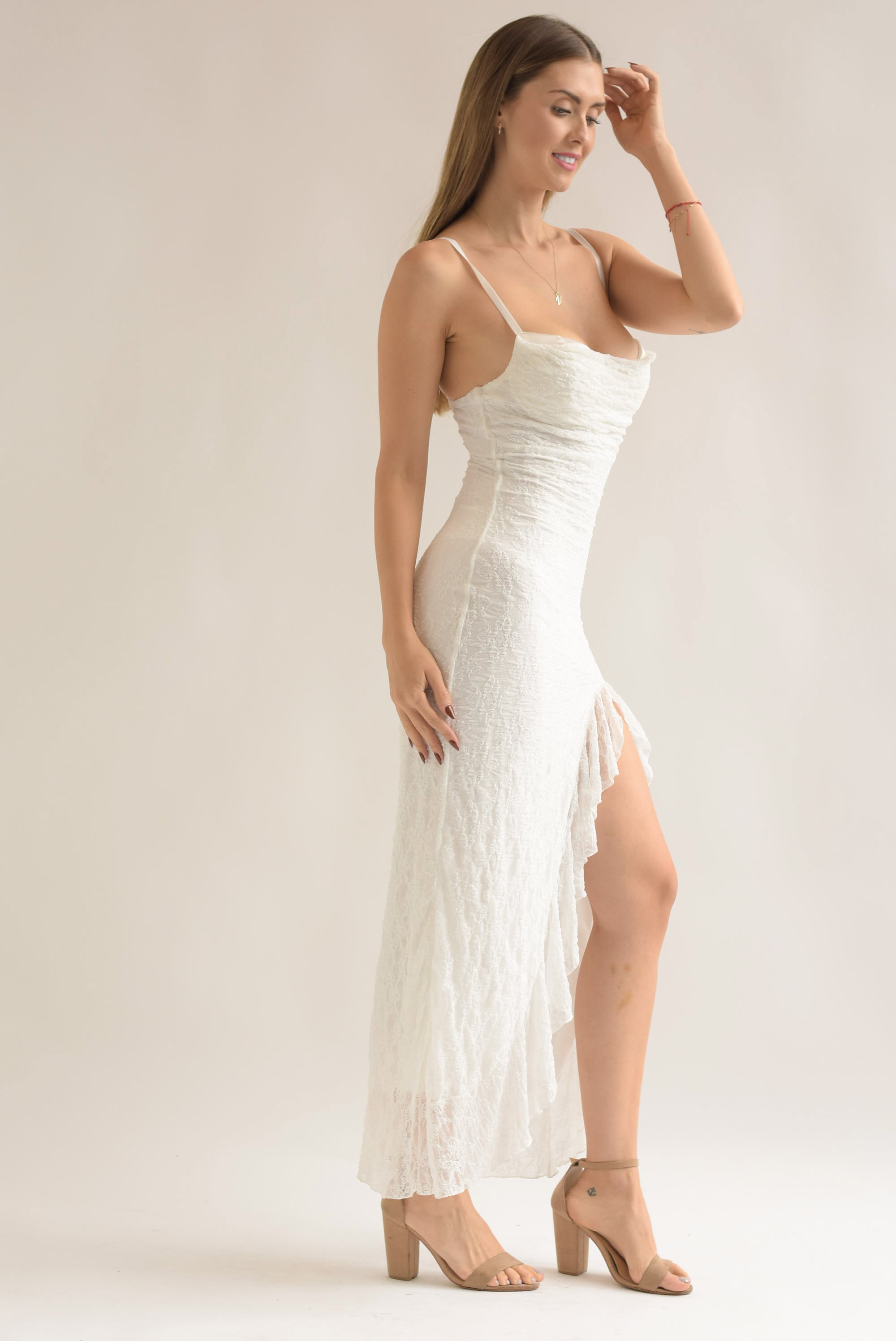 Vestido lencero copas encaje Blanco