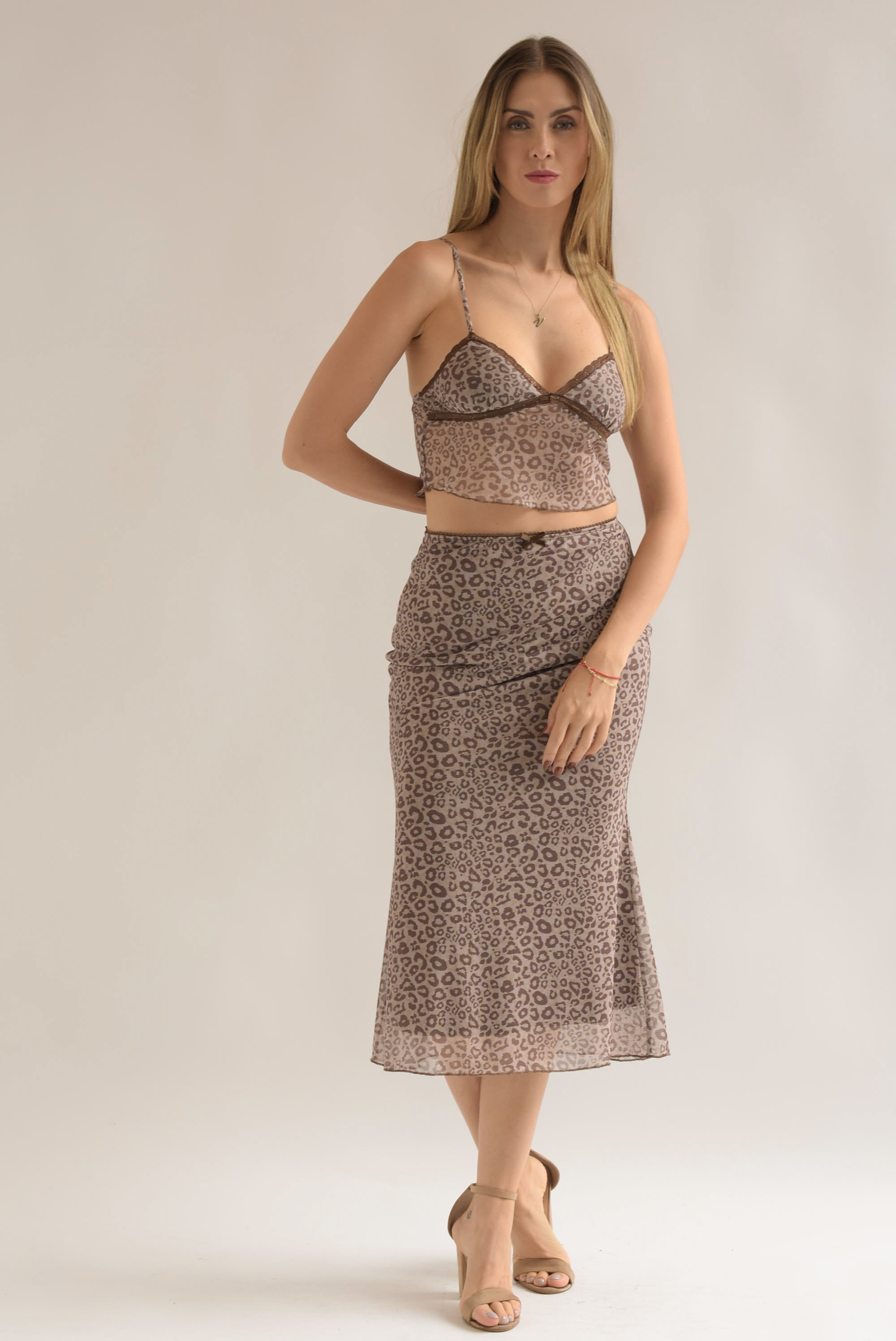Set Falda y Top lencero mesh Animal Print Café