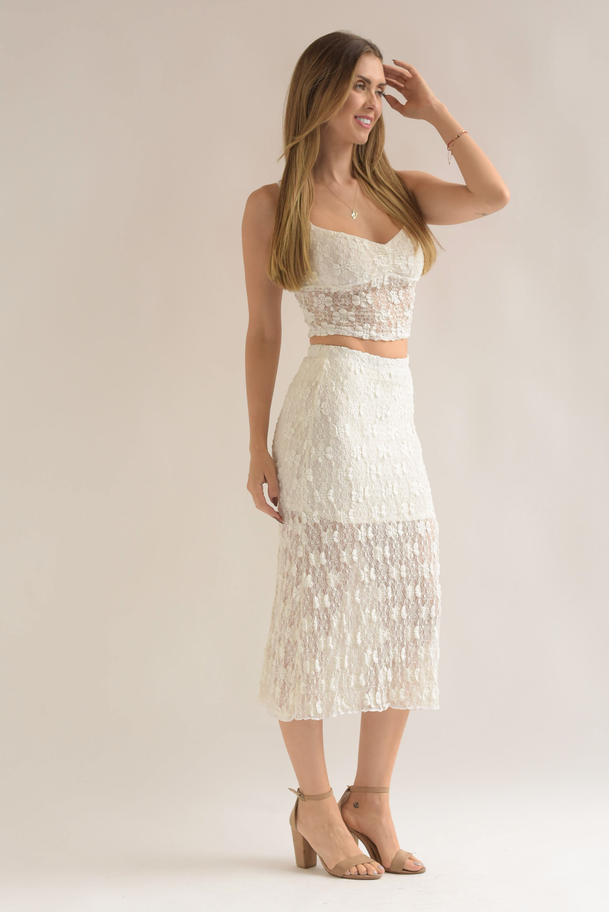 Set Falda y Top lencero encaje stretch Blanco