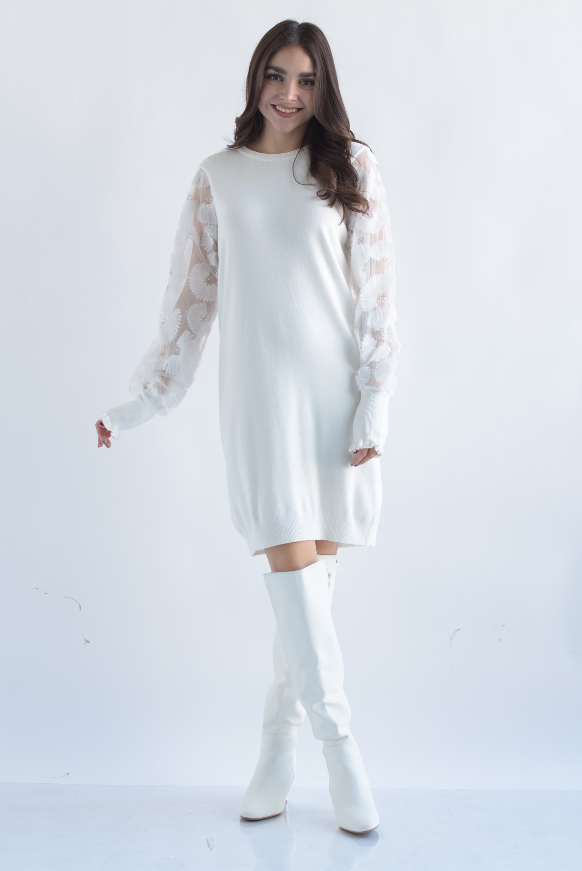 Sweater dress mangas tulle Blanco