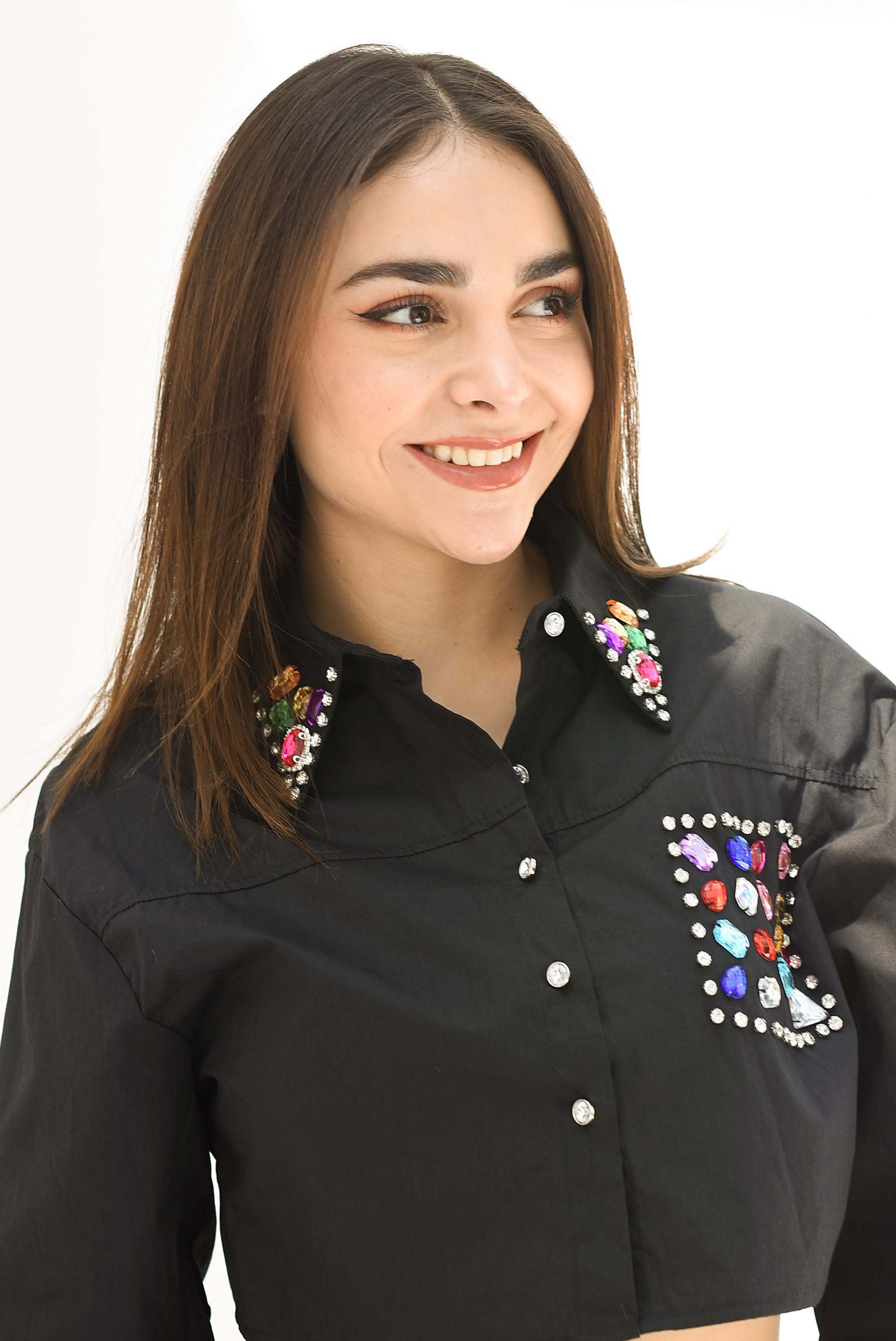 Camisa crop joya multicolor Negra