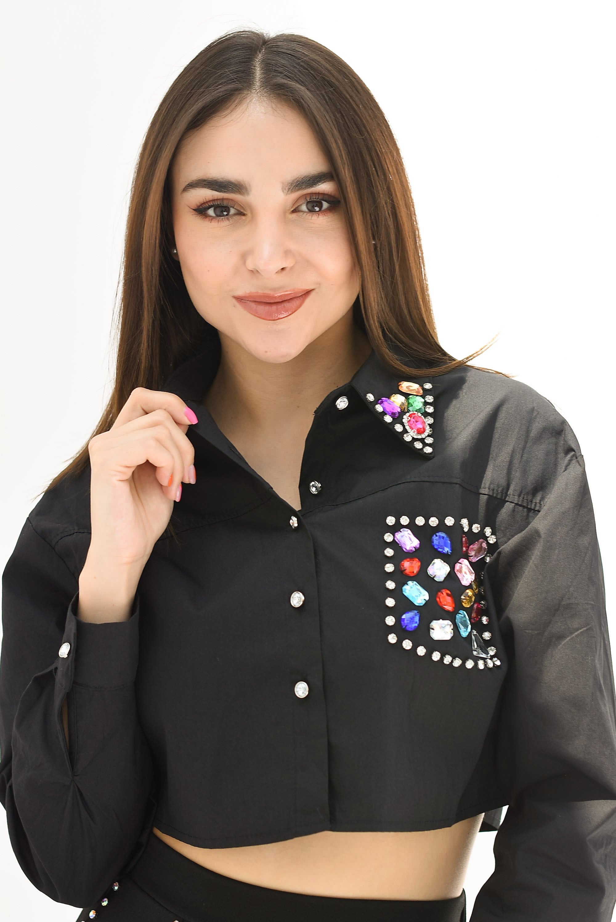 Camisa crop joya multicolor Negra