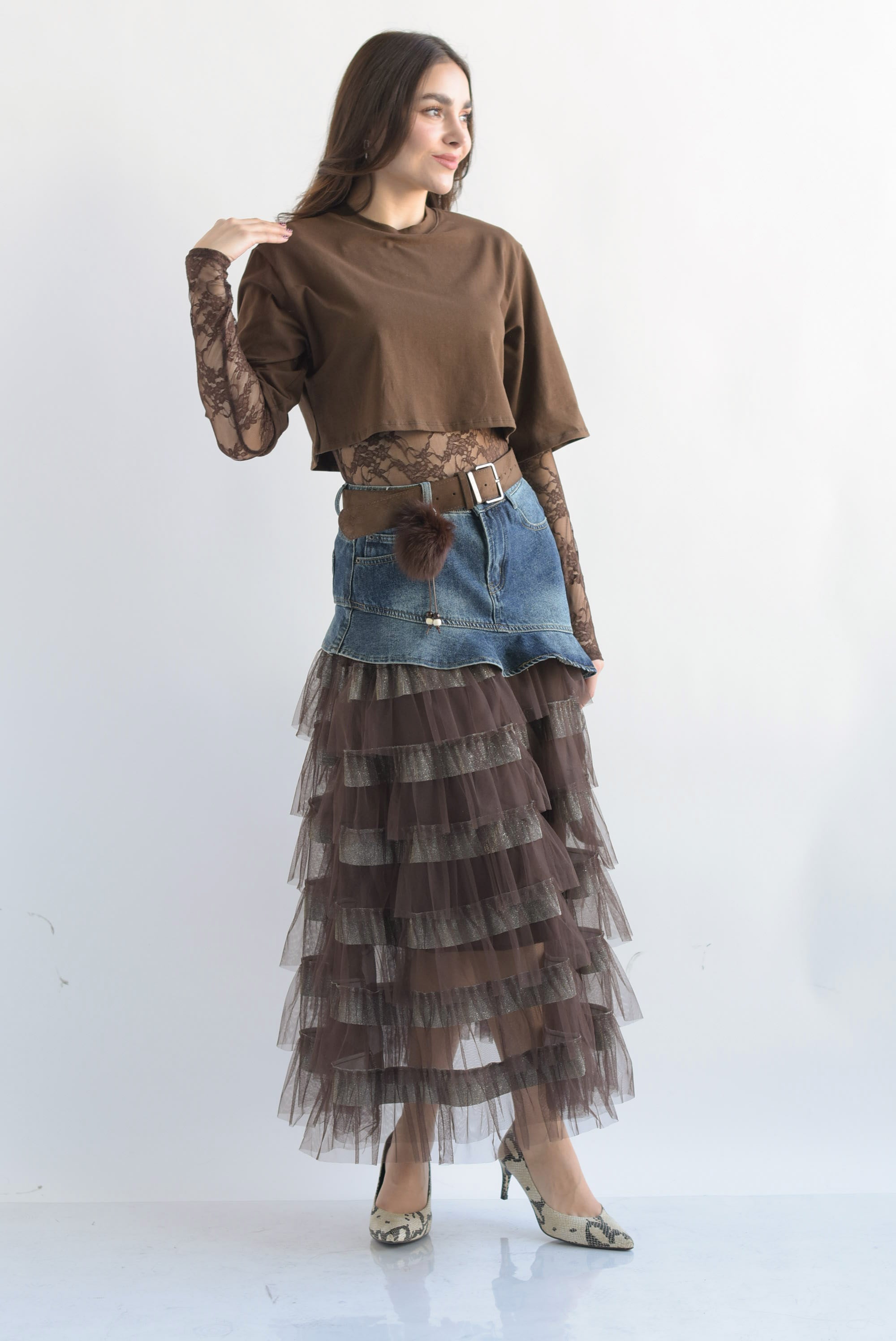 Falda olanes tulle pretina denim Espresso