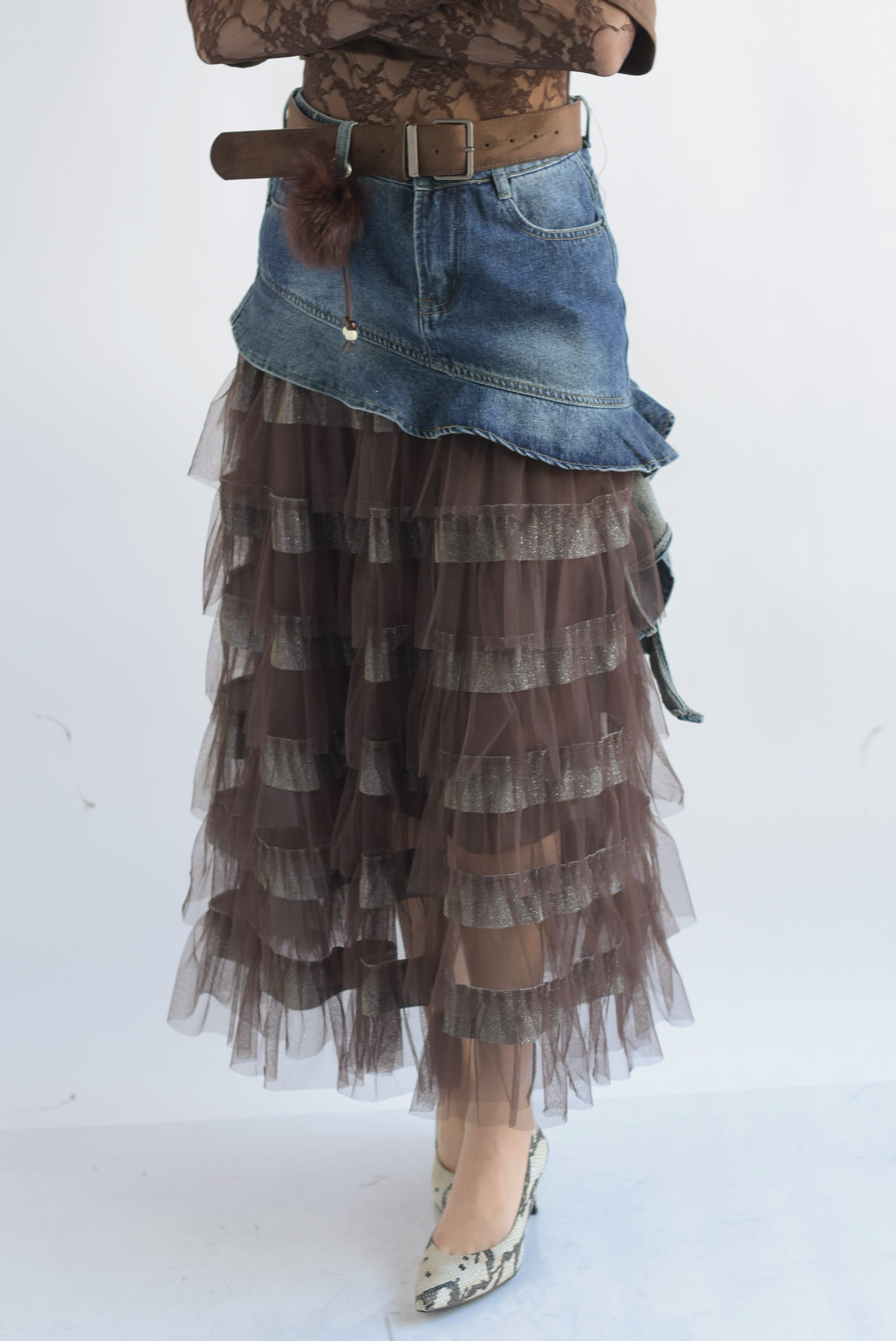 Falda olanes tulle pretina denim Espresso