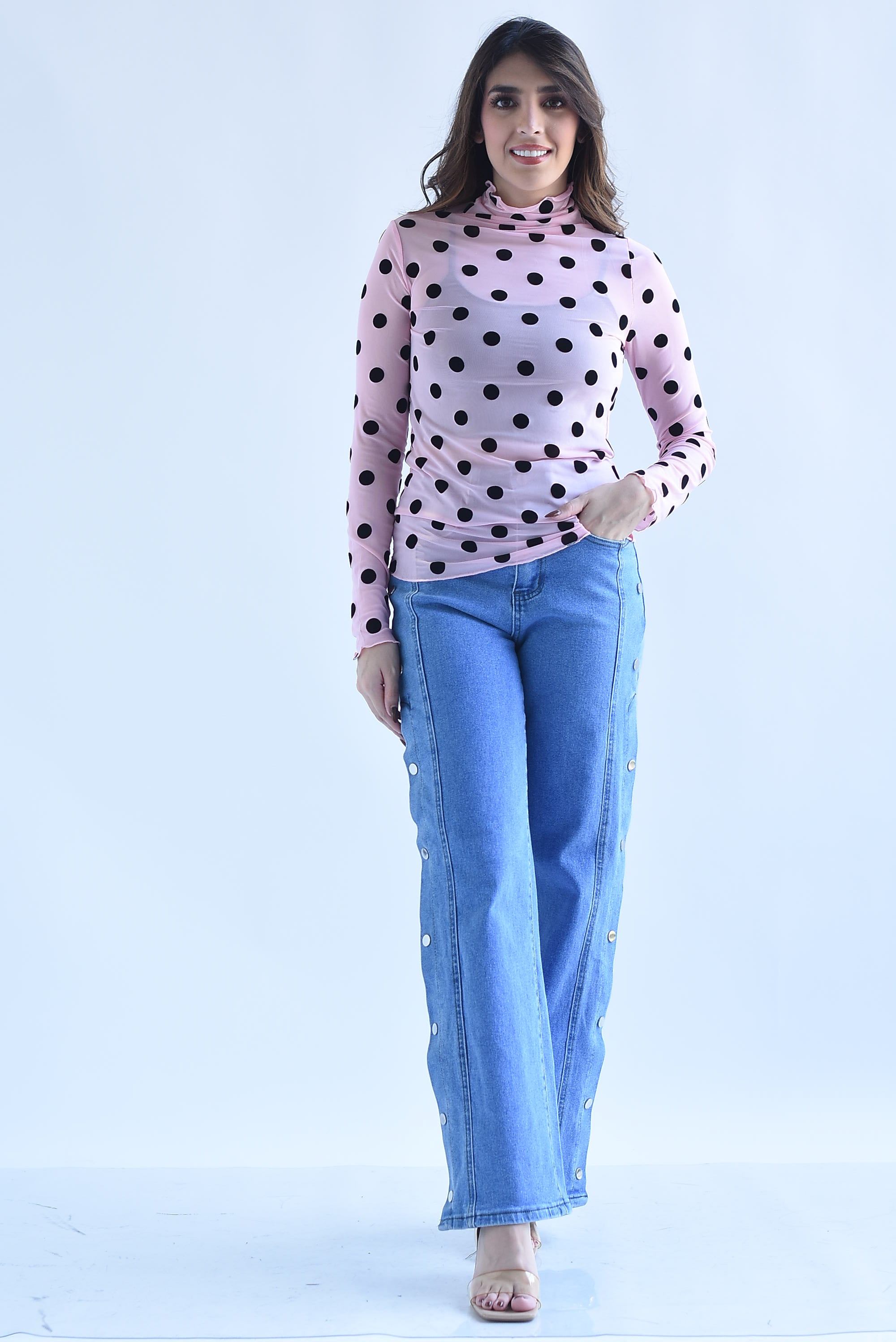 Blusa mesh manga larga polka dots terciopelo