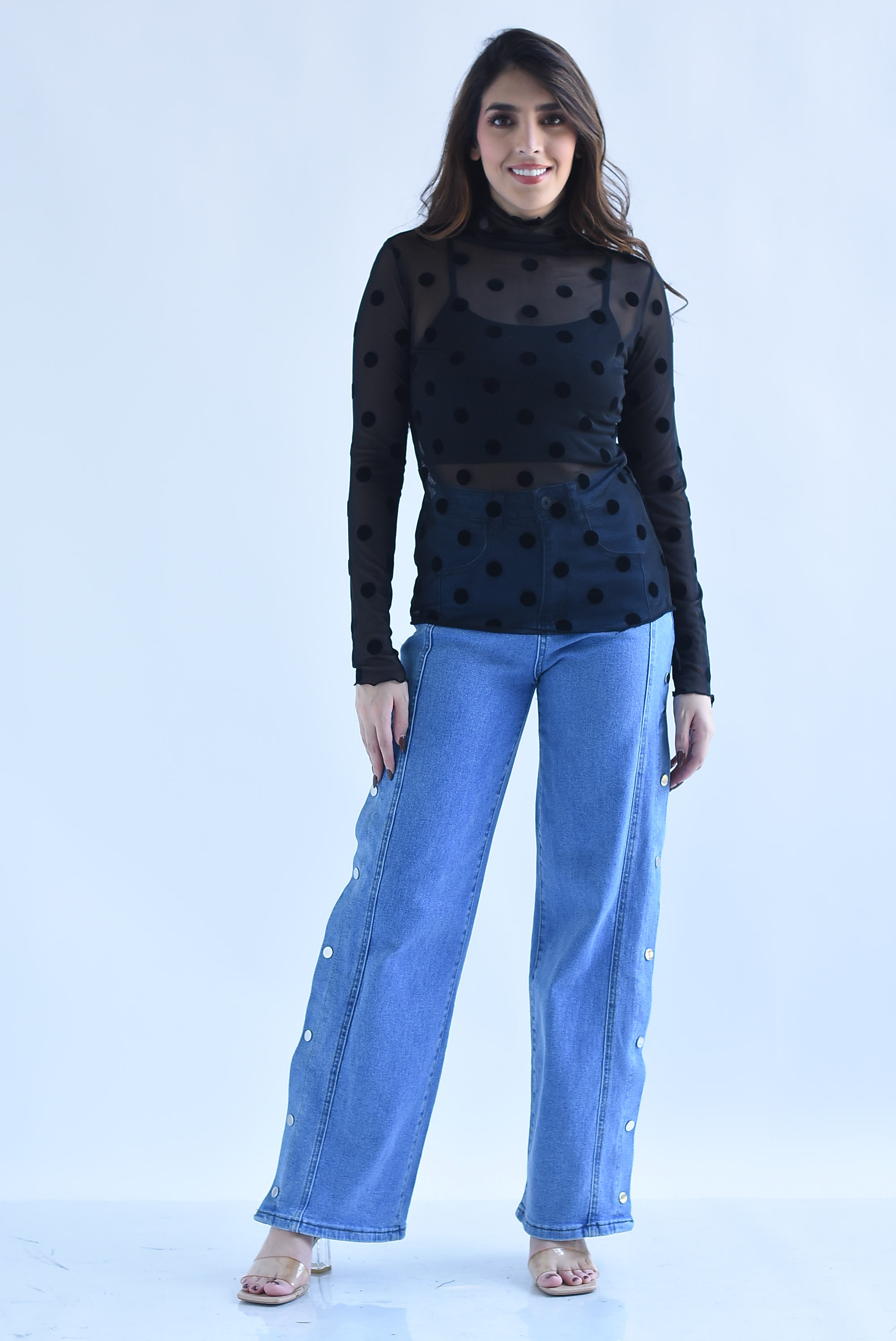 Blusa mesh manga larga polka dots terciopelo