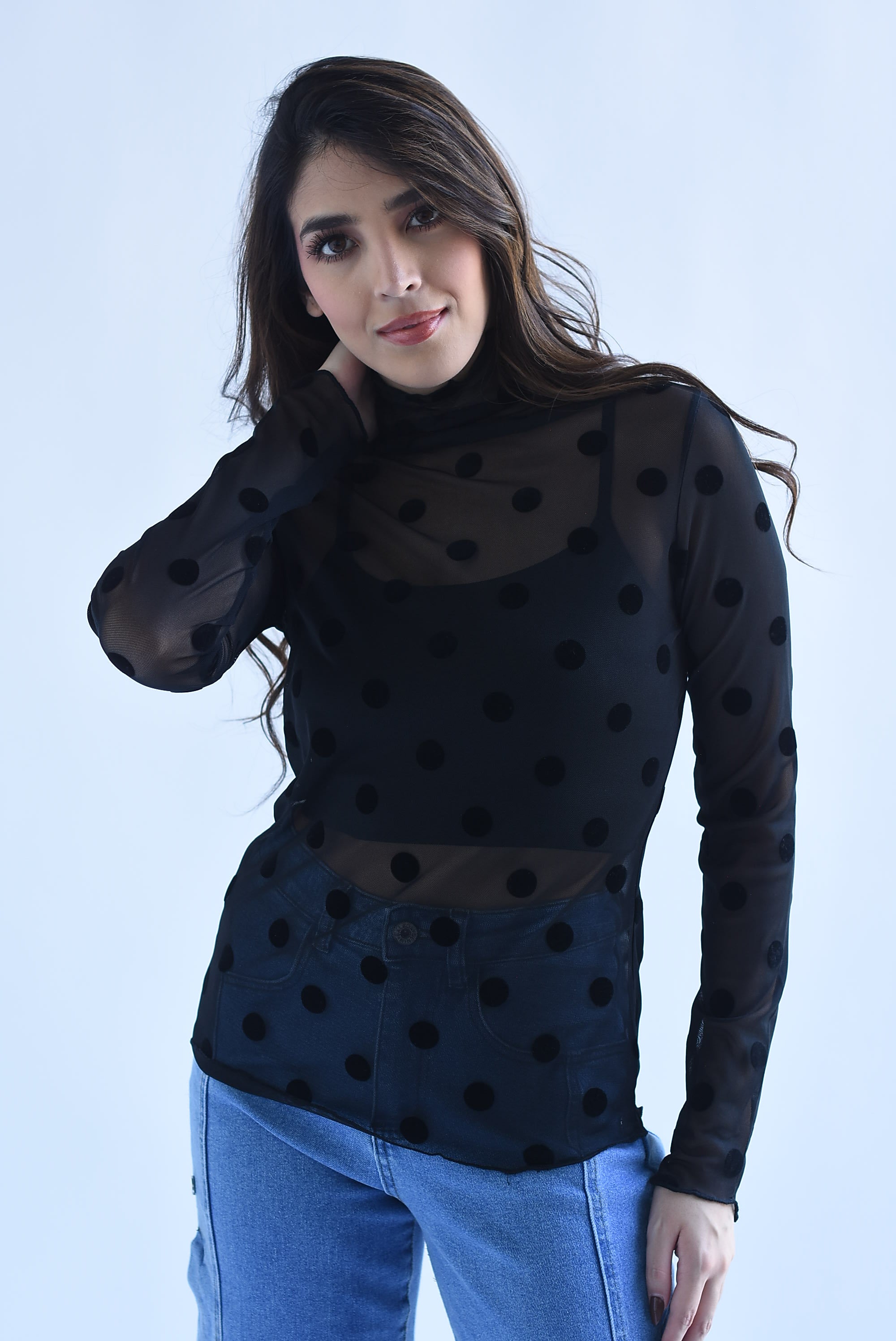 Blusa mesh manga larga polka dots terciopelo