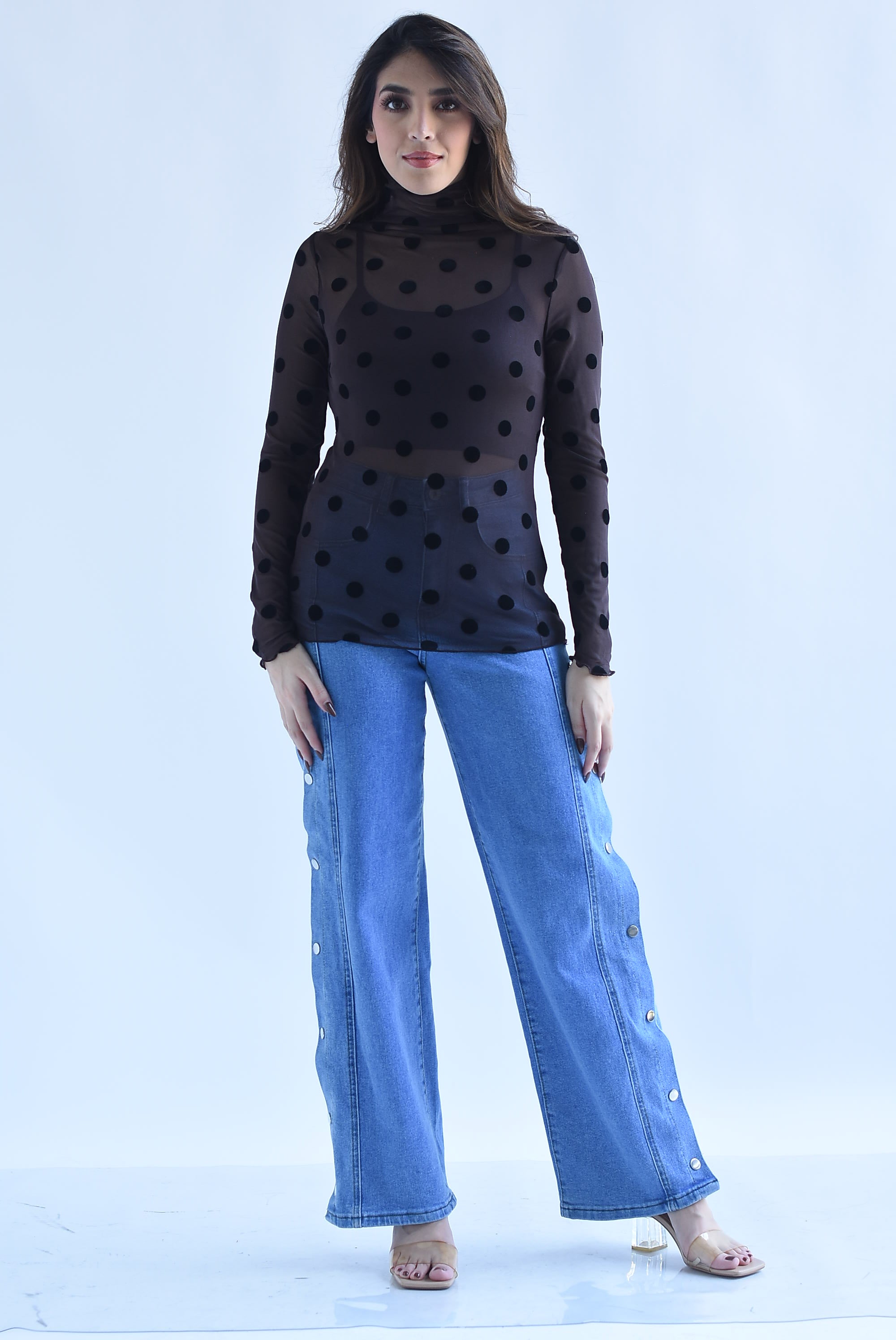 Blusa mesh manga larga polka dots terciopelo