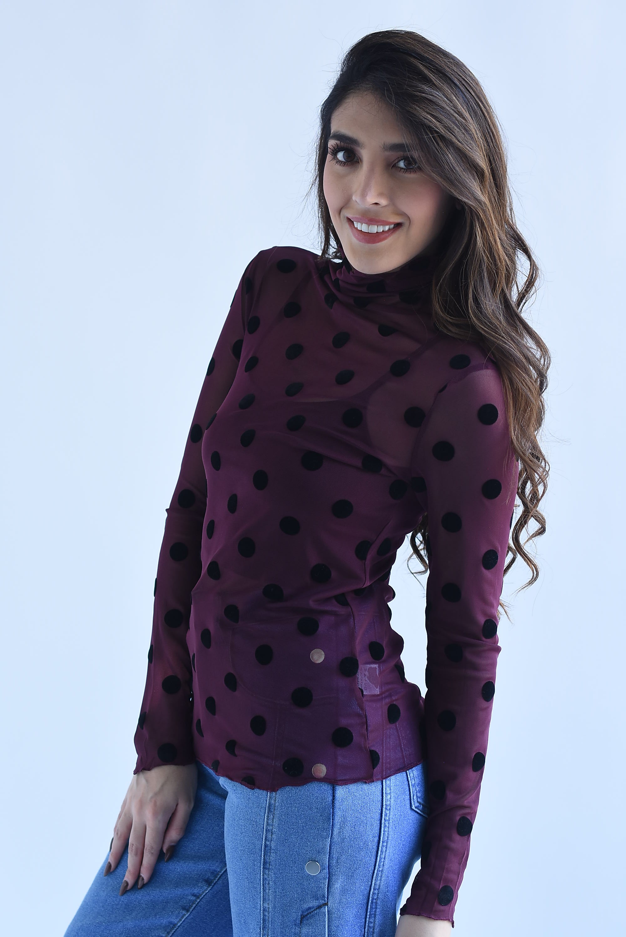 Blusa mesh manga larga polka dots terciopelo
