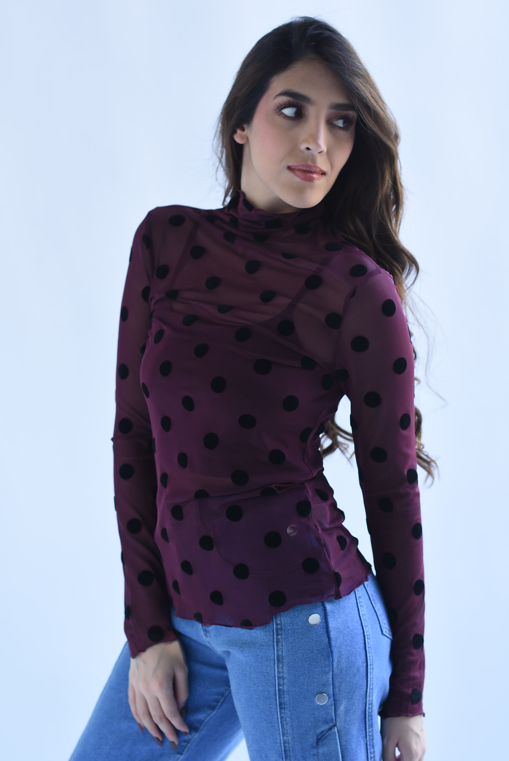 Blusa mesh manga larga polka dots terciopelo