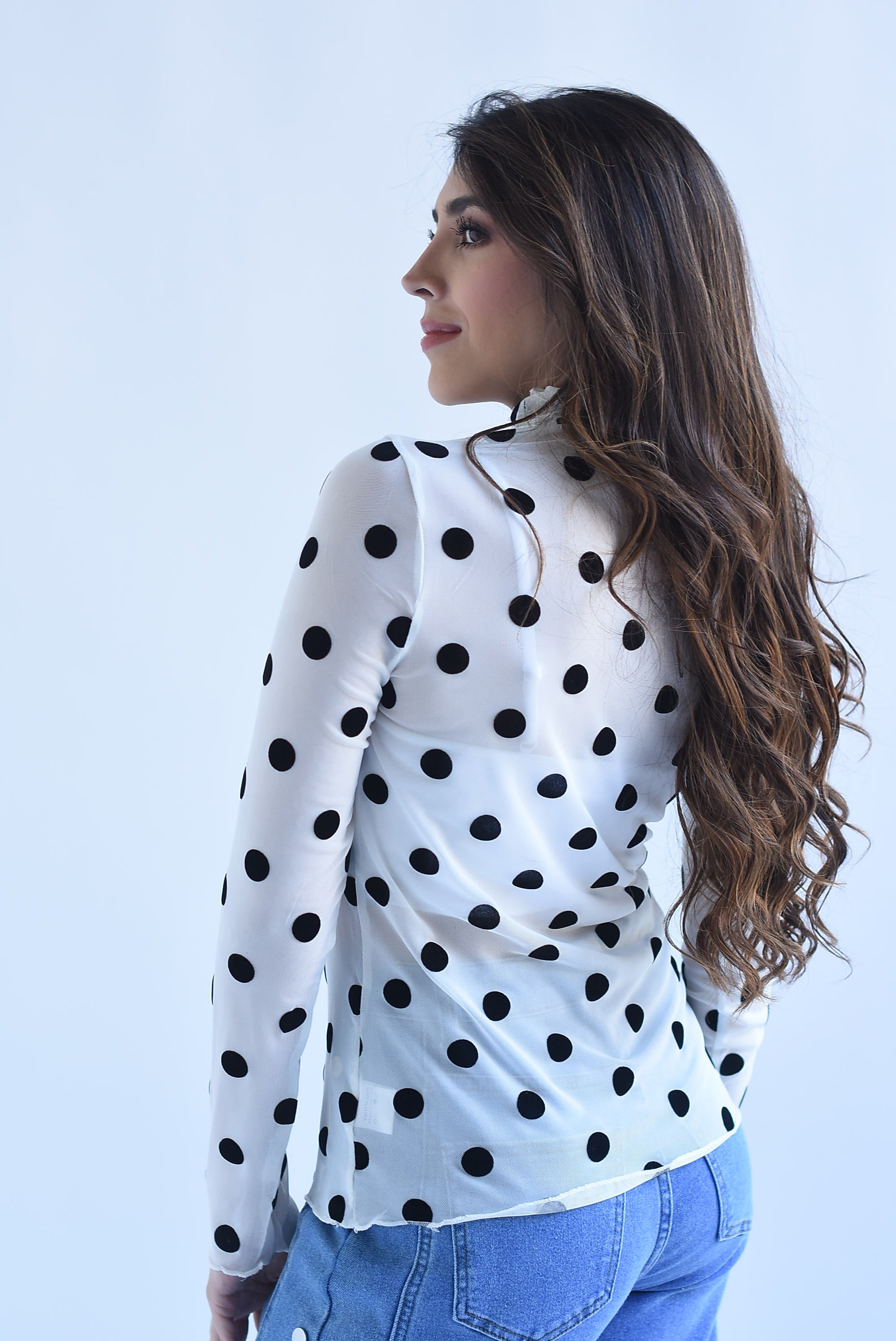 Blusa mesh manga larga polka dots terciopelo