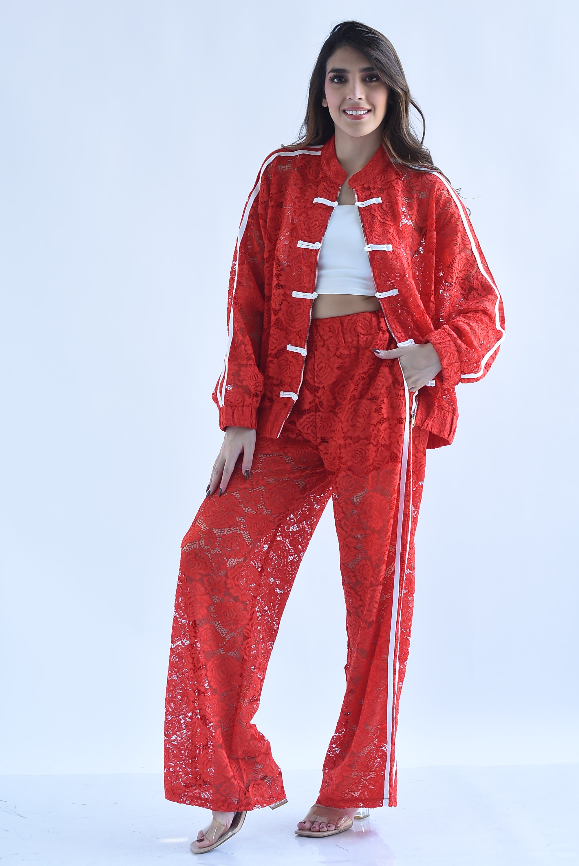 Set Pantalón y Chamarra lazos chinos track encaje