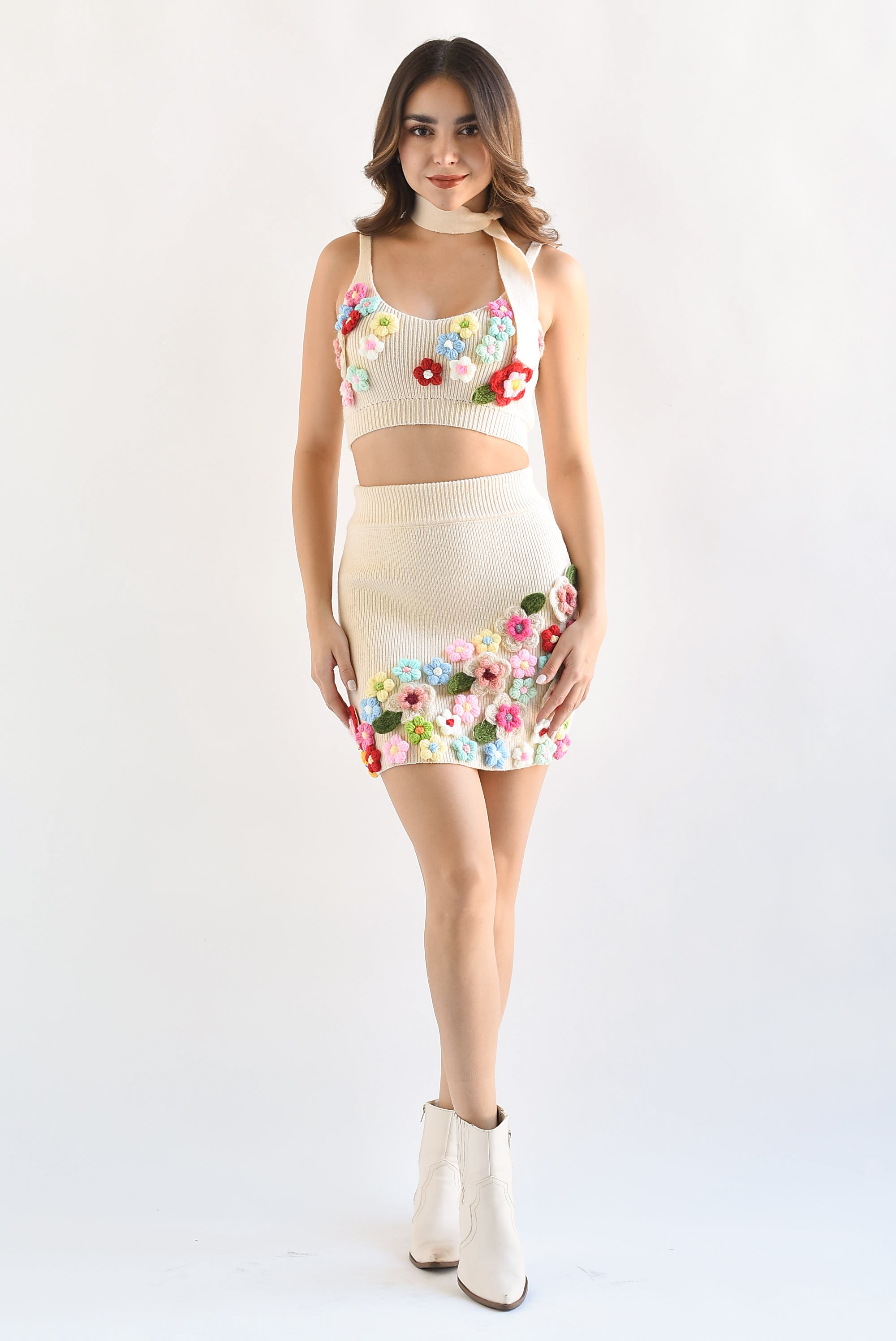 Set de Falda, Top y Chamarra flores crochet