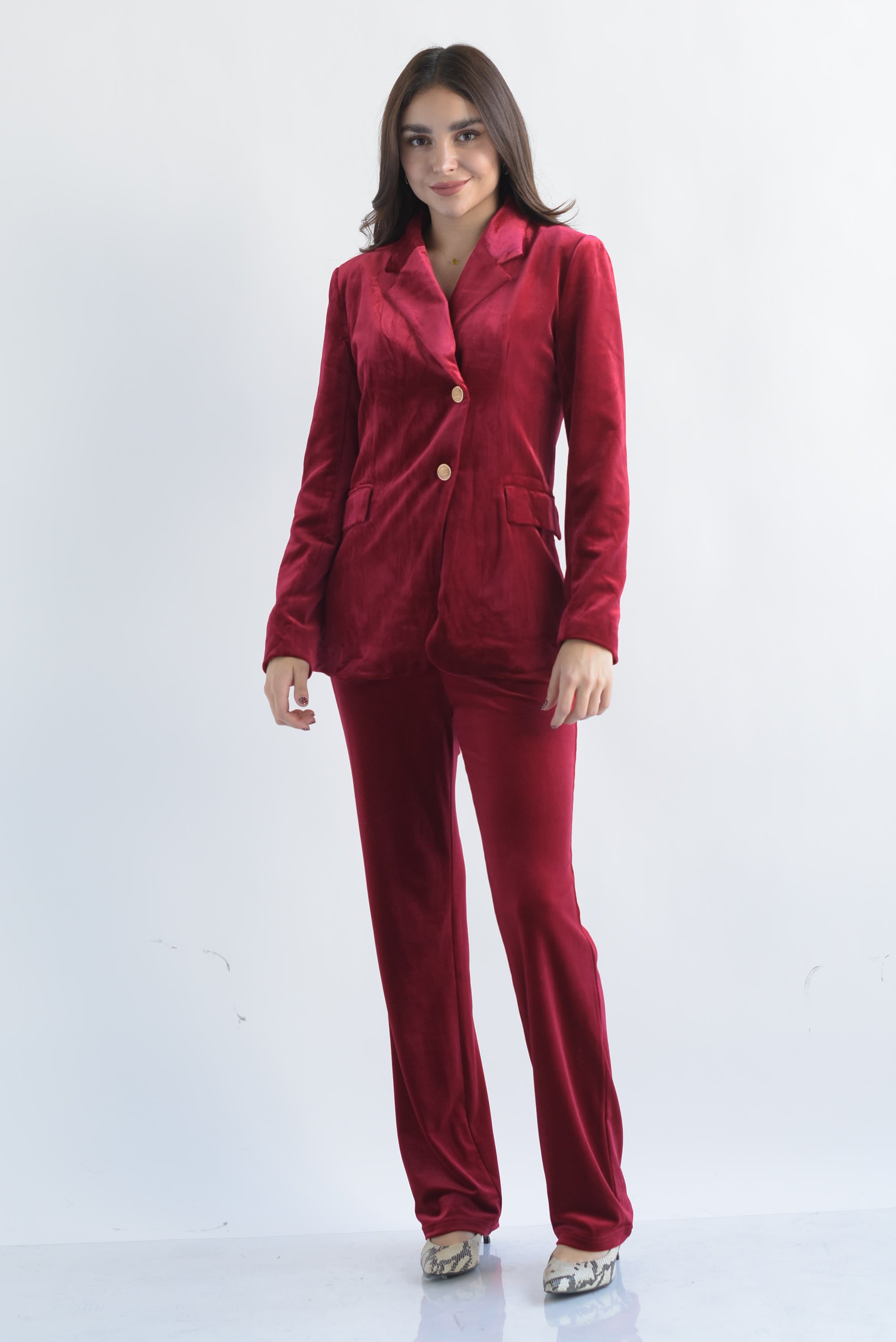 Set Pantalón recto y Blazer terciopelo Cherry Red