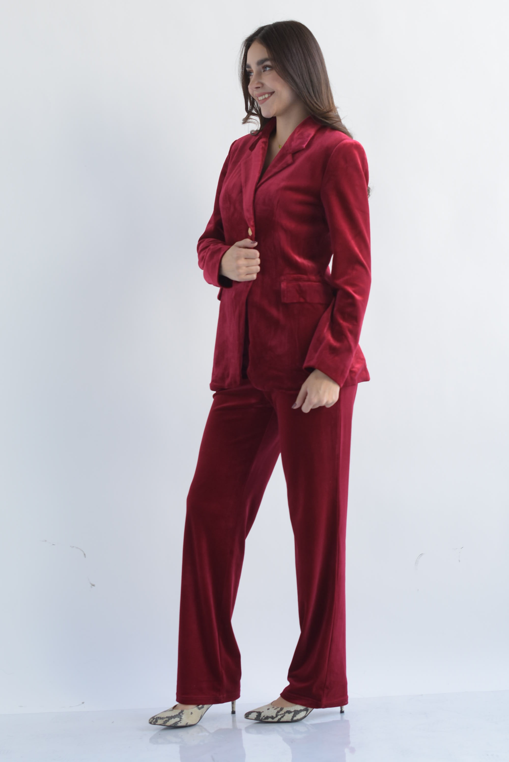 Set Pantalón recto y Blazer terciopelo Cherry Red