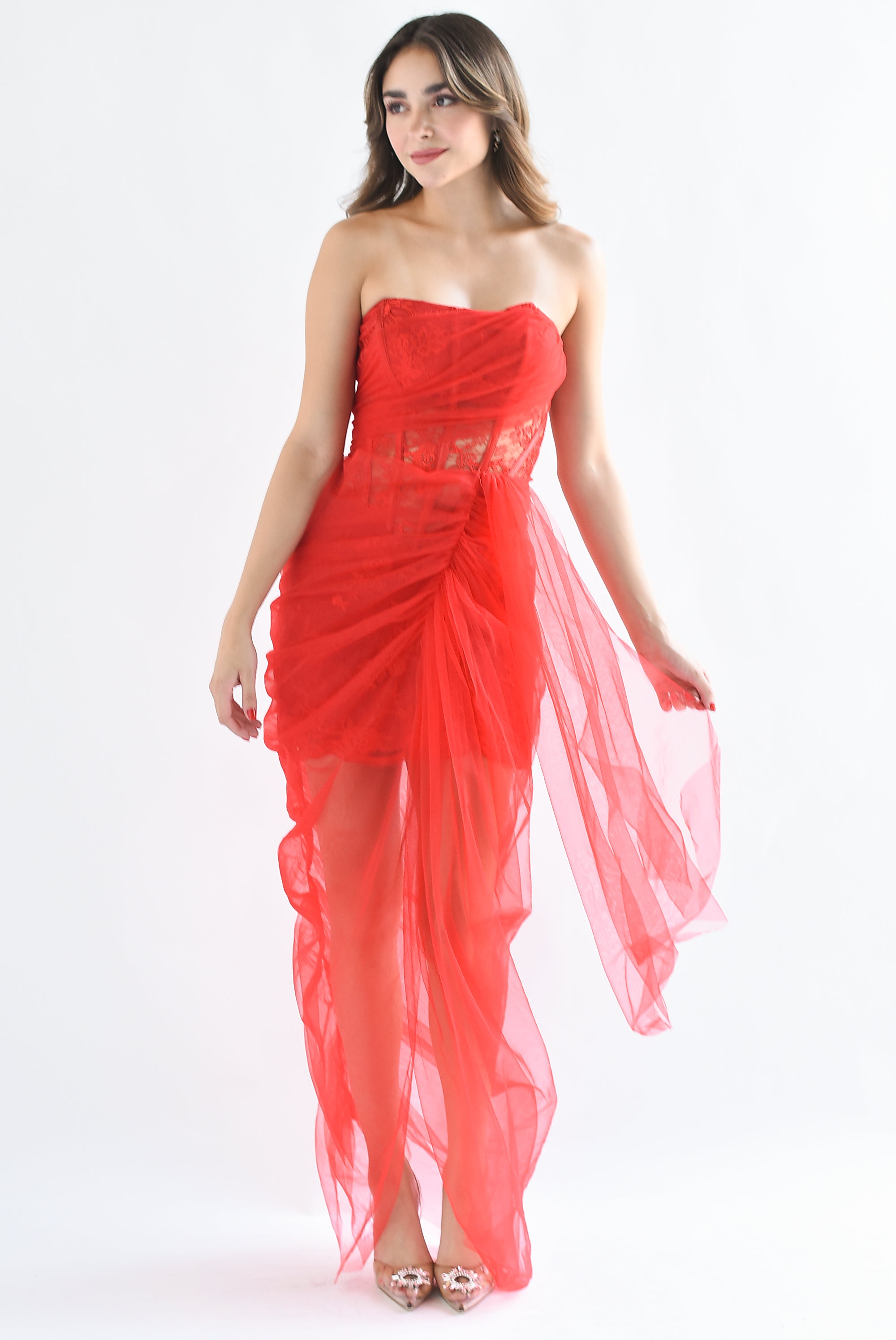 Vestido encaje y tulle Rojo