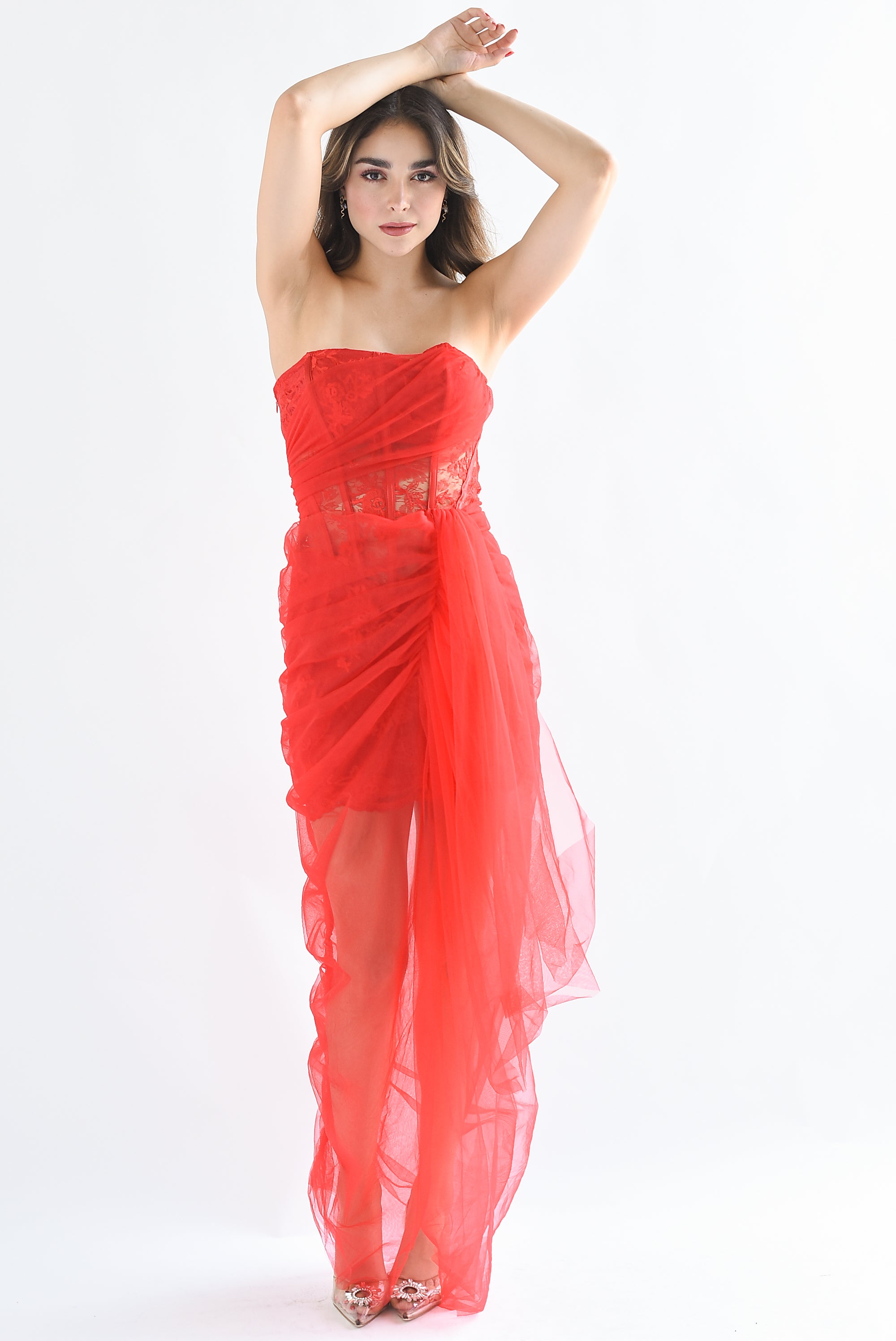 Vestido encaje y tulle Rojo