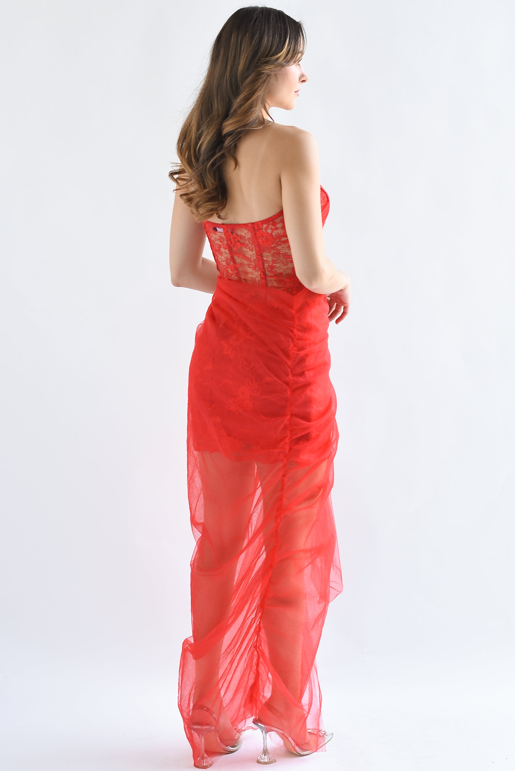 Vestido encaje y tulle Rojo
