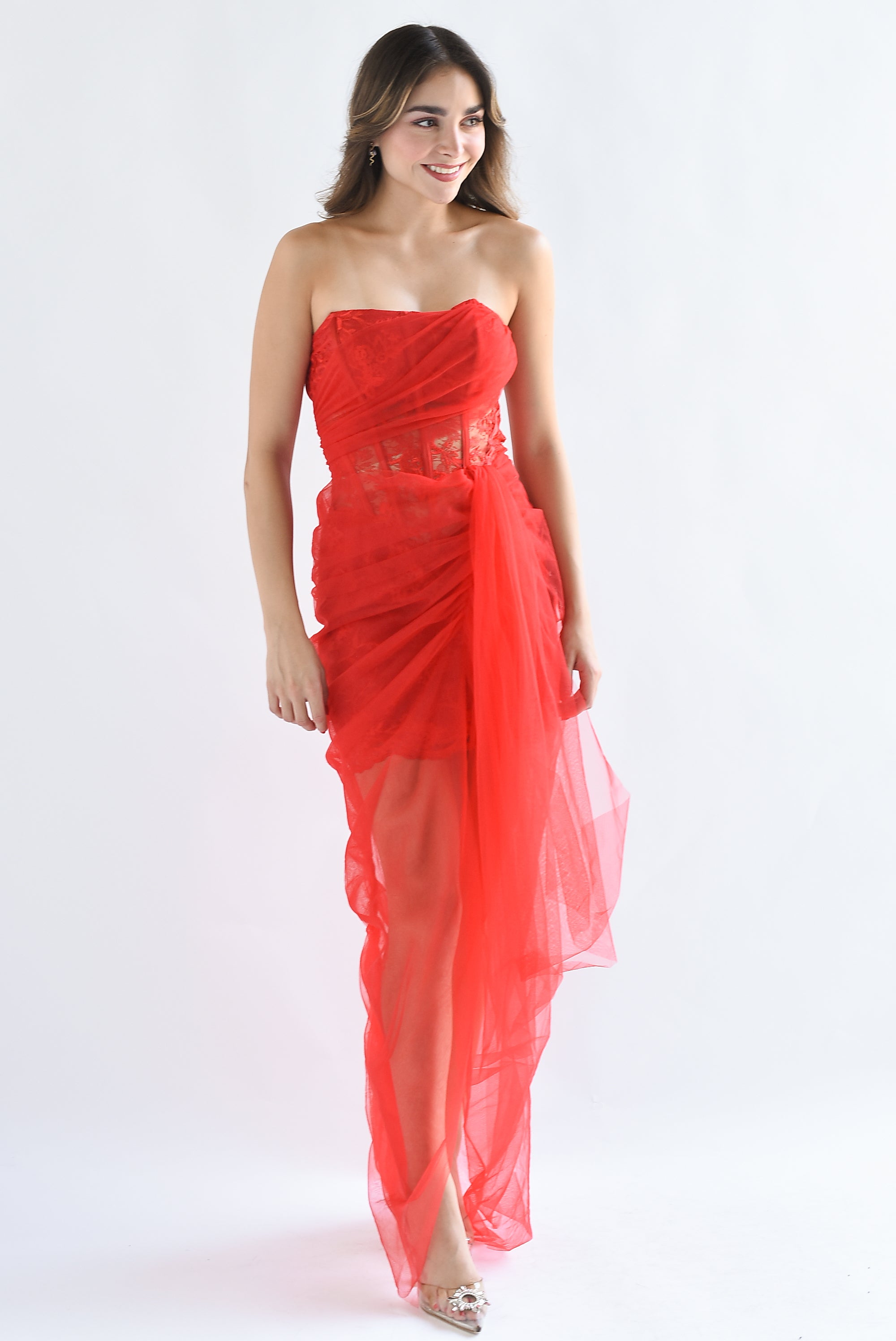 Vestido encaje y tulle Rojo
