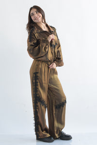 Fashion Styled Set Pantalón y Chamarra metalizado tira flores Cobre