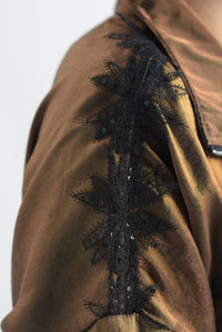 Fashion Styled Set Pantalón y Chamarra metalizado tira flores Cobre