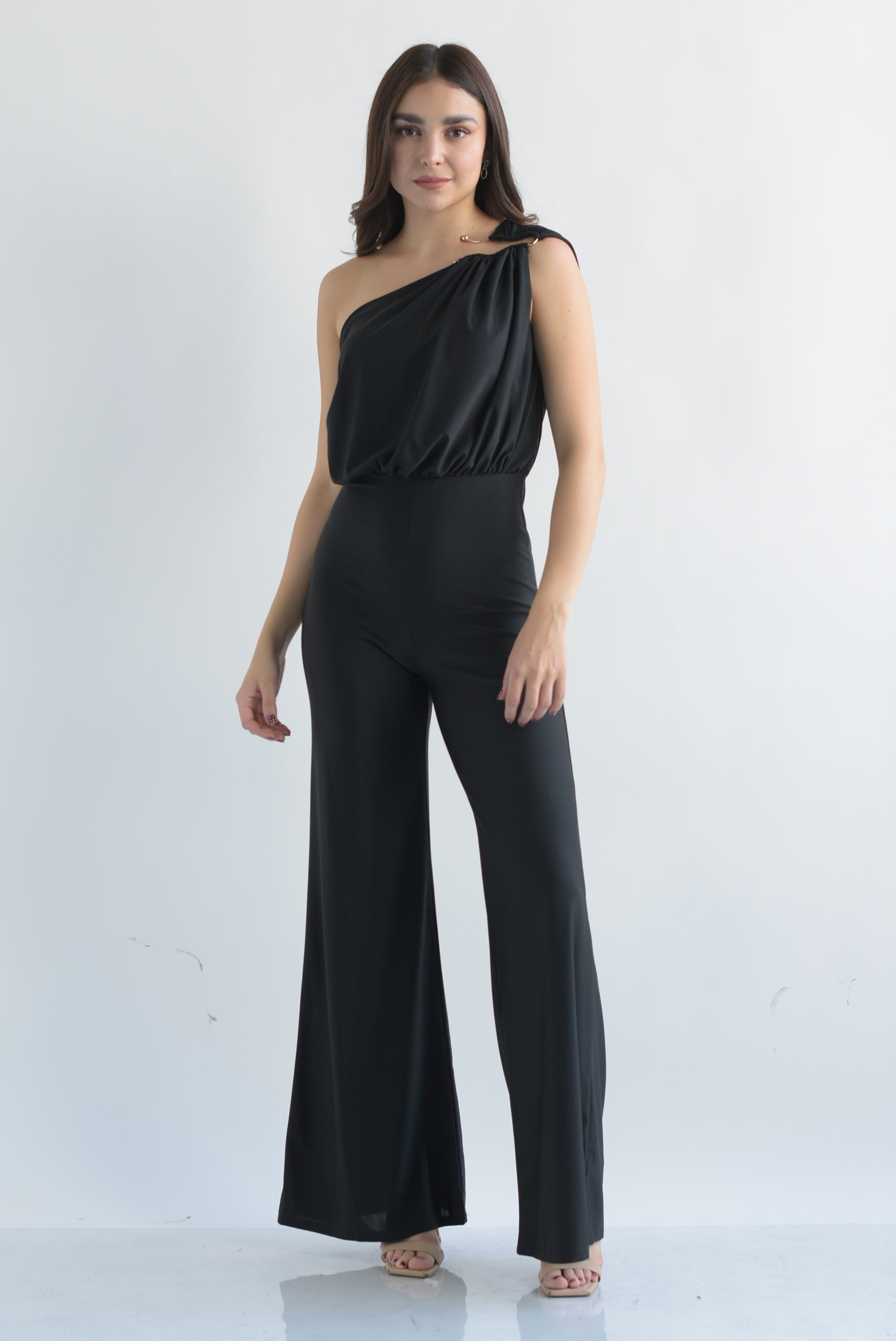 Jumpsuit drapeado asimétrico herradura hombro Negro