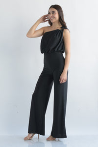 Fashion Styled Jumpsuit drapeado asimétrico herradura hombro Negro