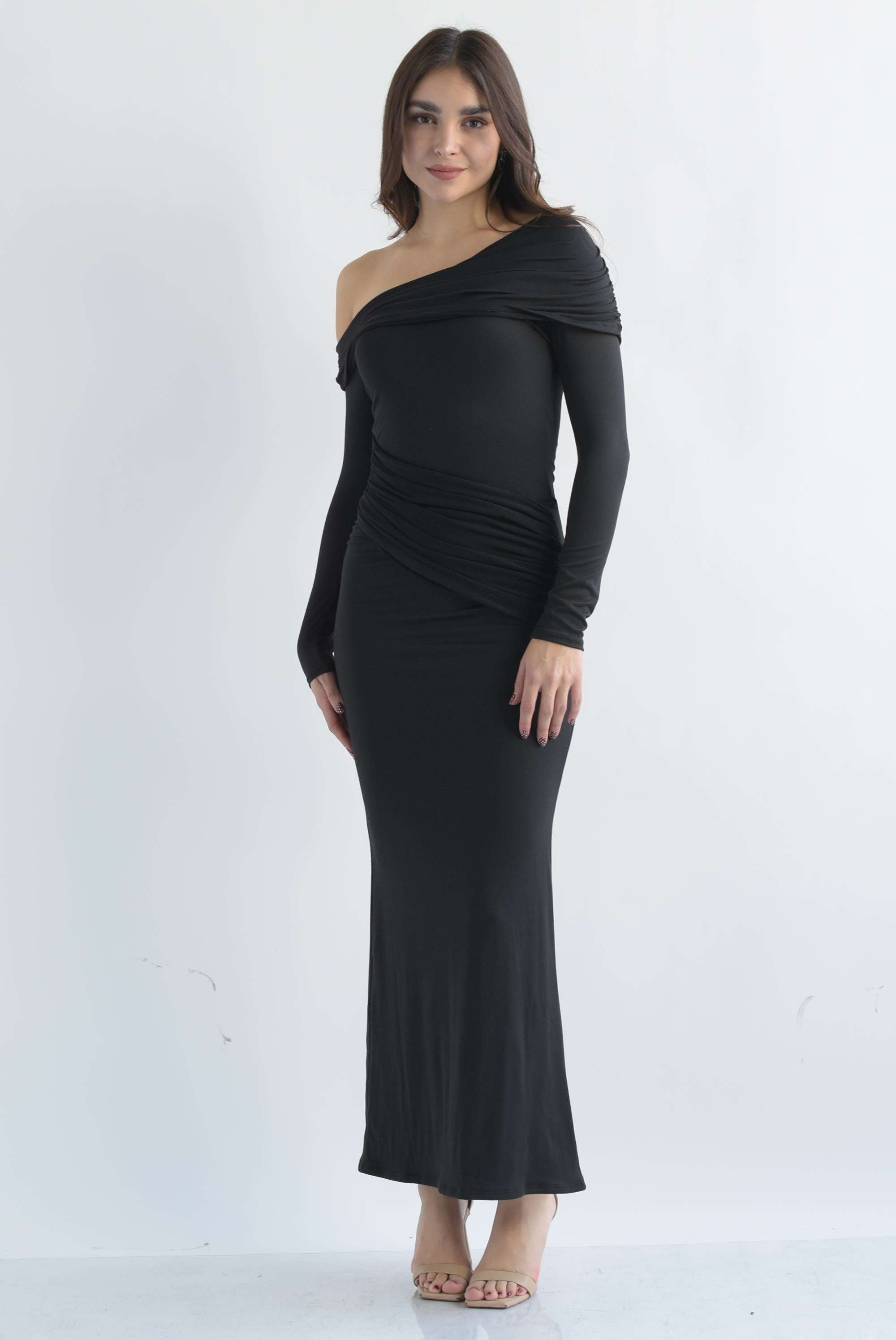 Vestido off-shoulder pretina drapeada Negro