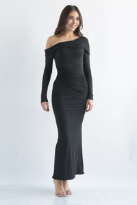 Fashion Styled Vestido off-shoulder pretina drapeada Negro