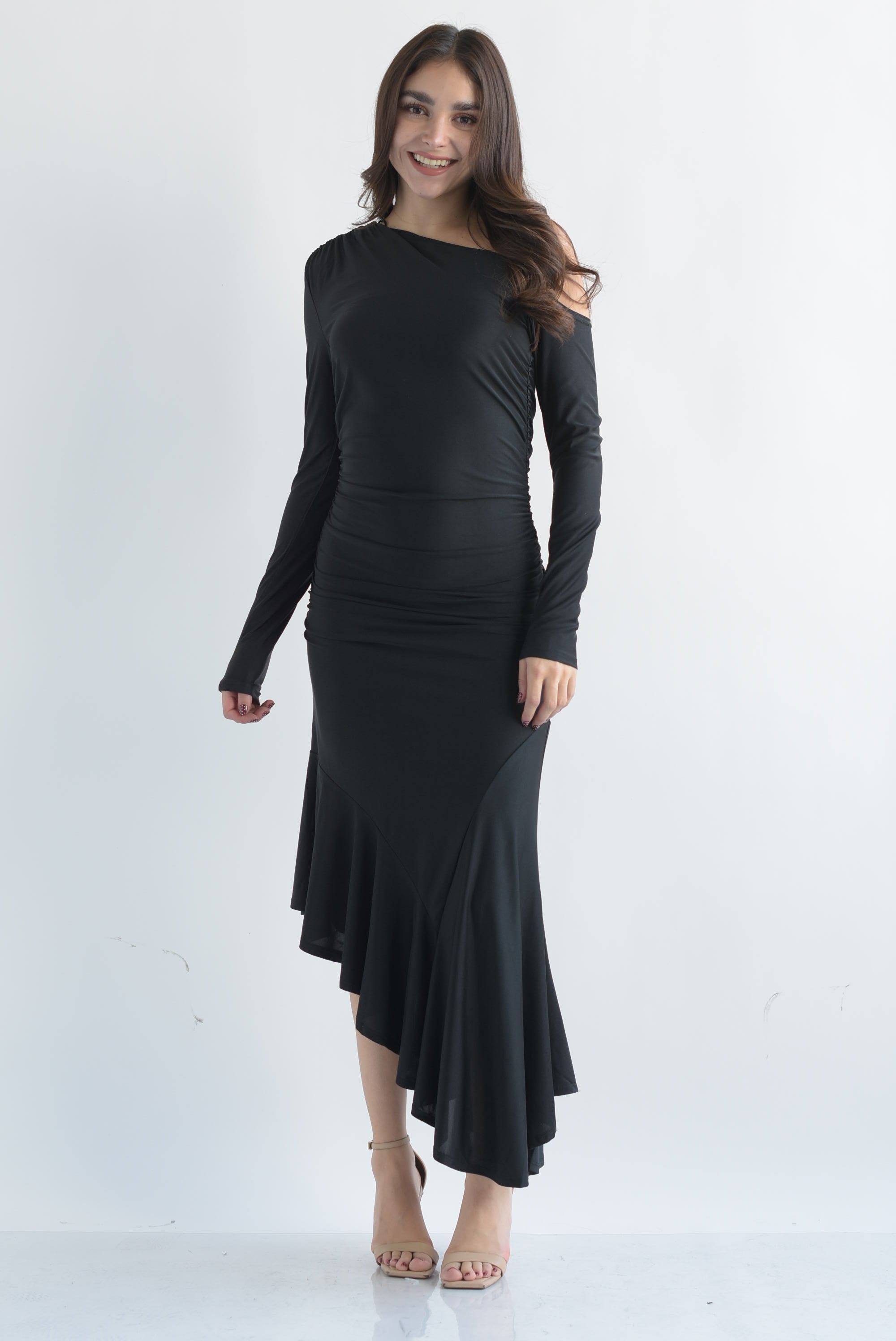 Vestido asimétrico manga larga olán Negro