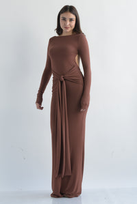 Fashion Styled Vestido largo algodón escote espalda manga larga Café