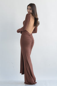 Fashion Styled Vestido largo algodón escote espalda manga larga Café