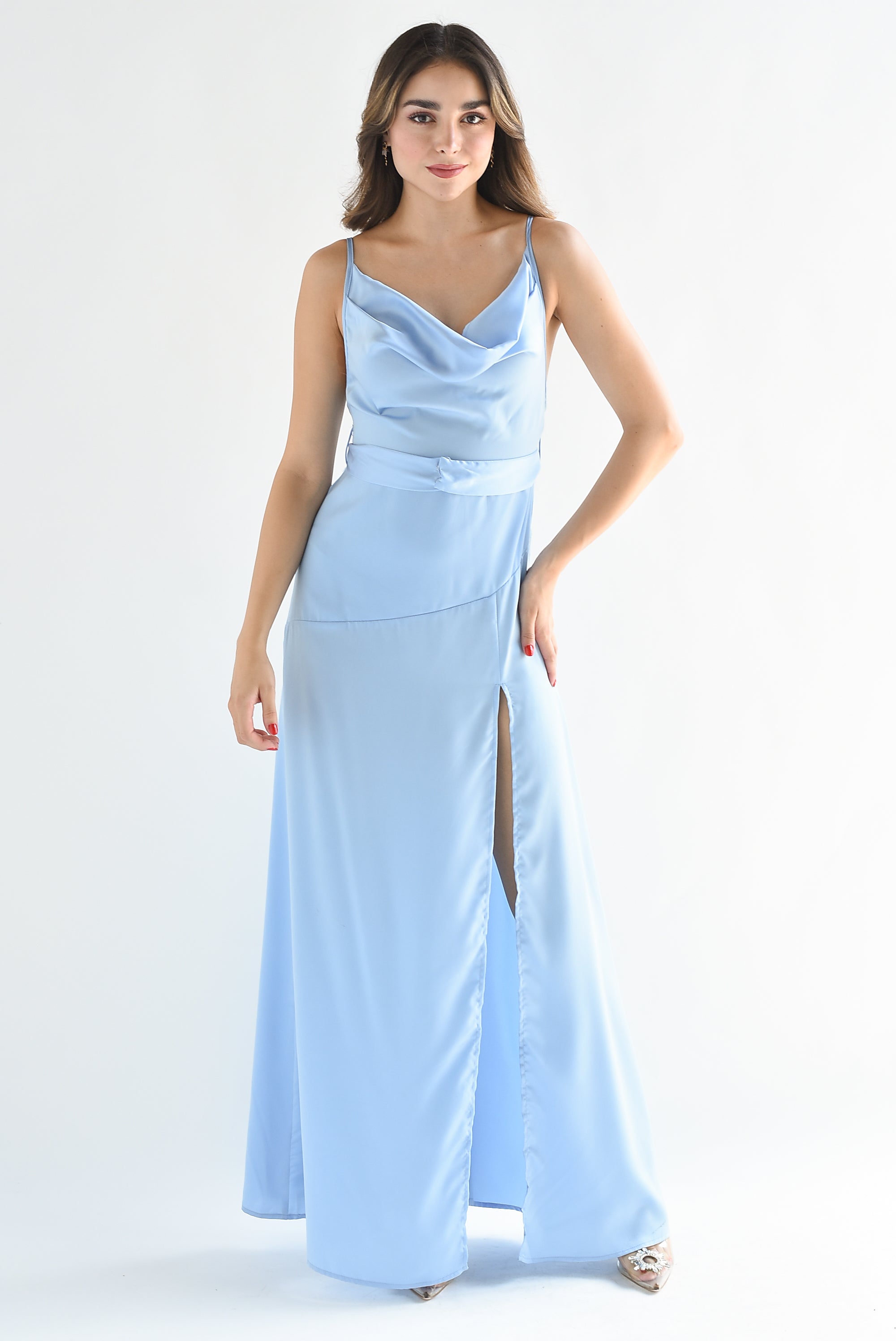 Vestido lencero con cinturón Azul Baby