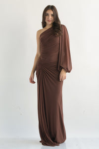 Fashion Styled Vestido largo mesh drapeado asimétrico Espresso